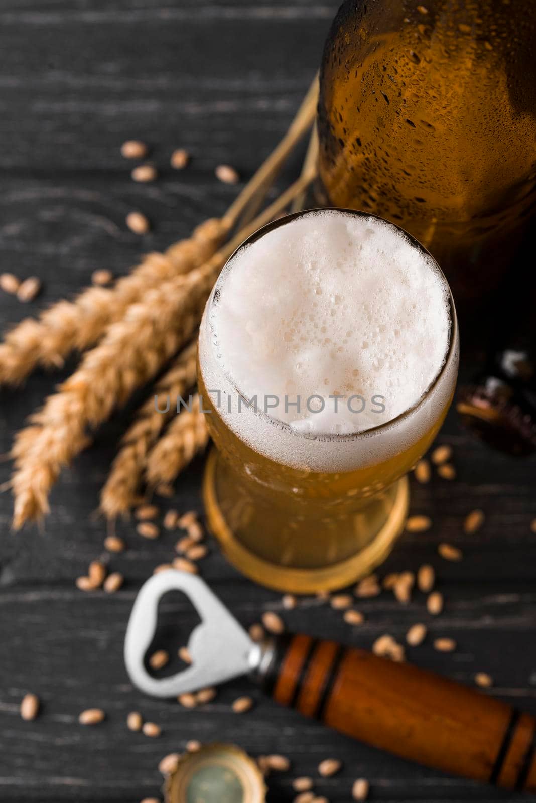 glass beer with foam top view. High resolution photo