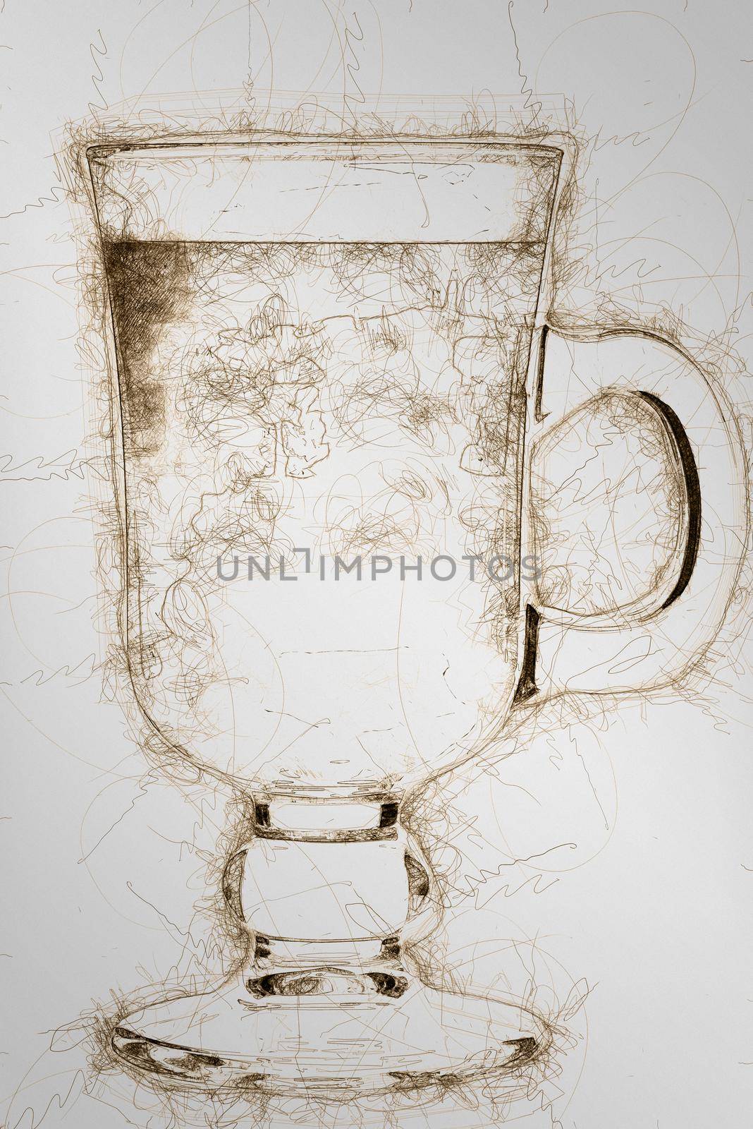 Ball pen scribble illustration of glass cup mix latte coffee foam, white background.