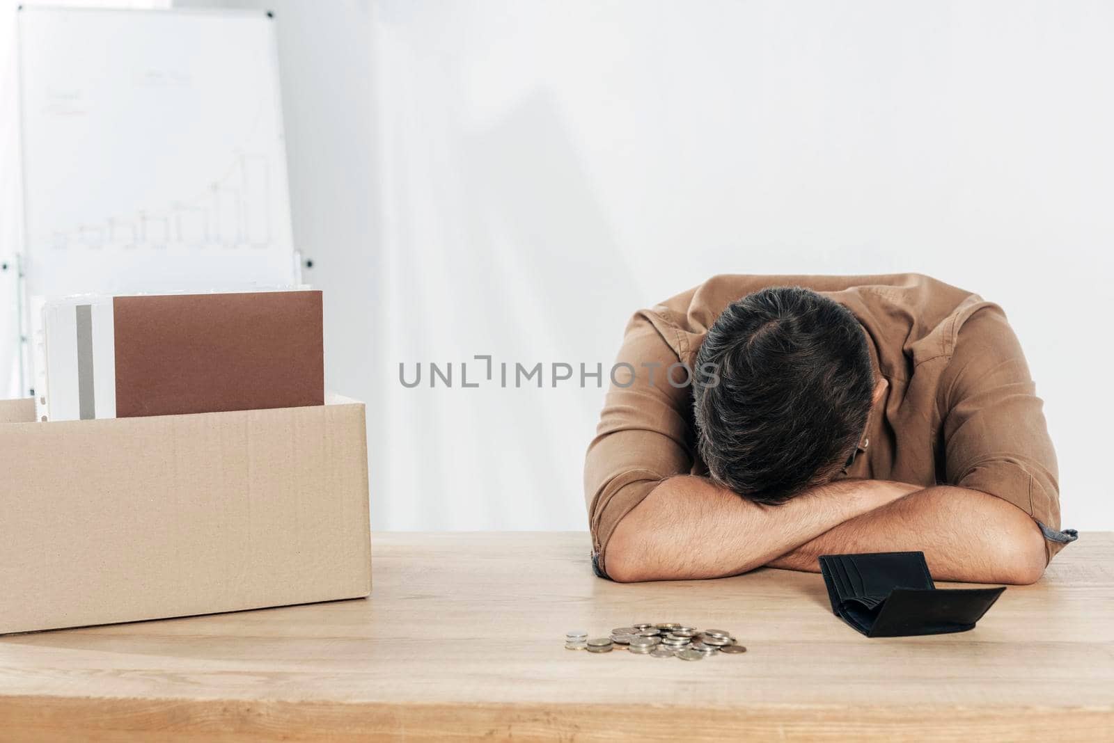 medium shot depressed man table. High resolution photo