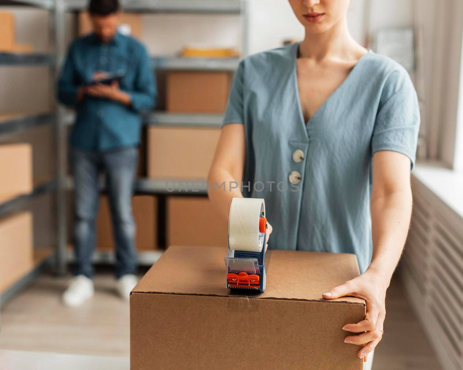 delivery employees working together. High resolution photo