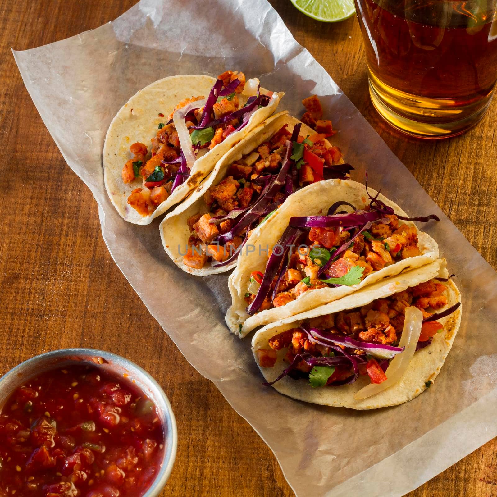 delicious tacos with sauce arrangement. High resolution photo