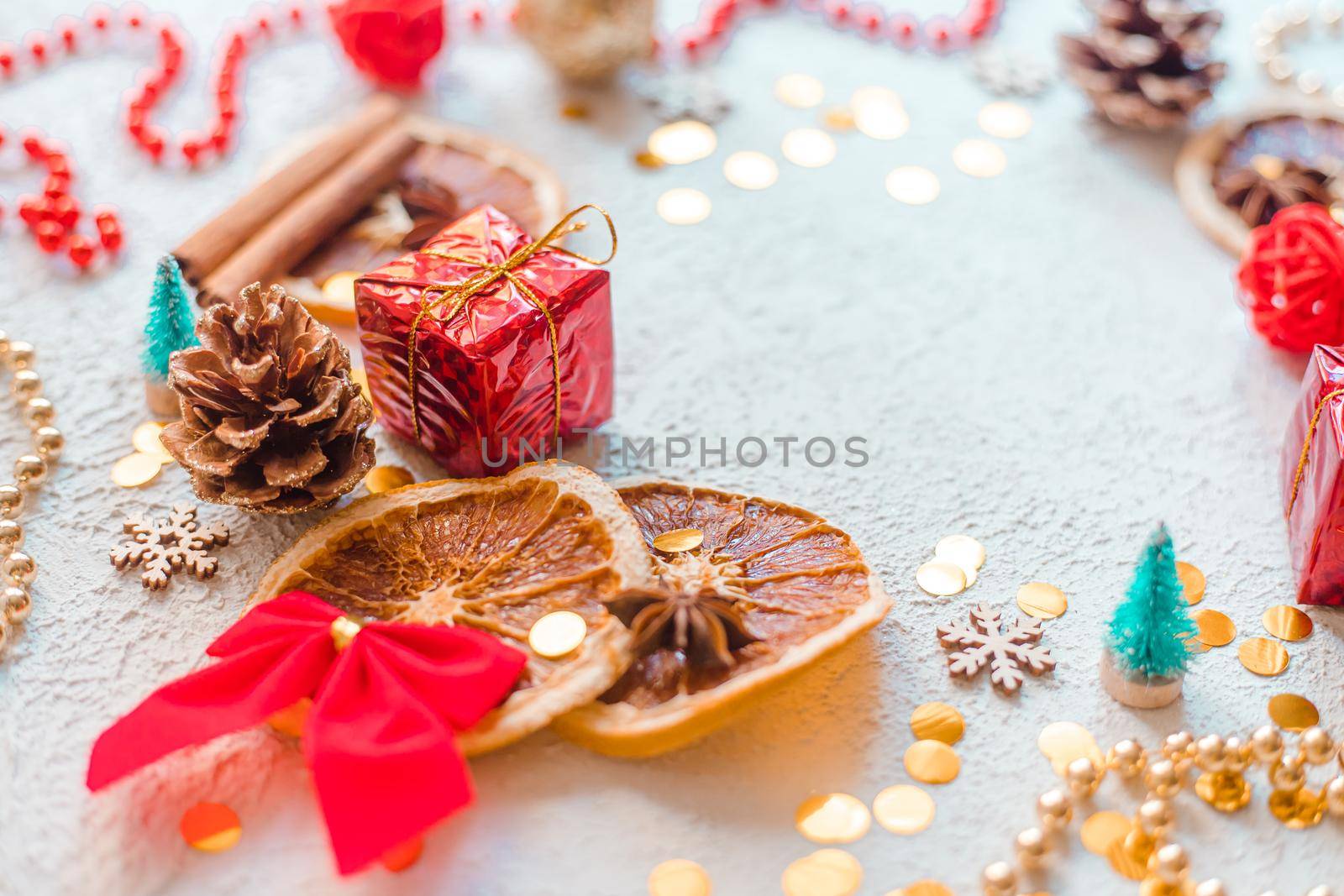 New Year's gift layout on a white background. An article about choosing a gift for a holiday. Red gift wrapping. New Year and Christmas