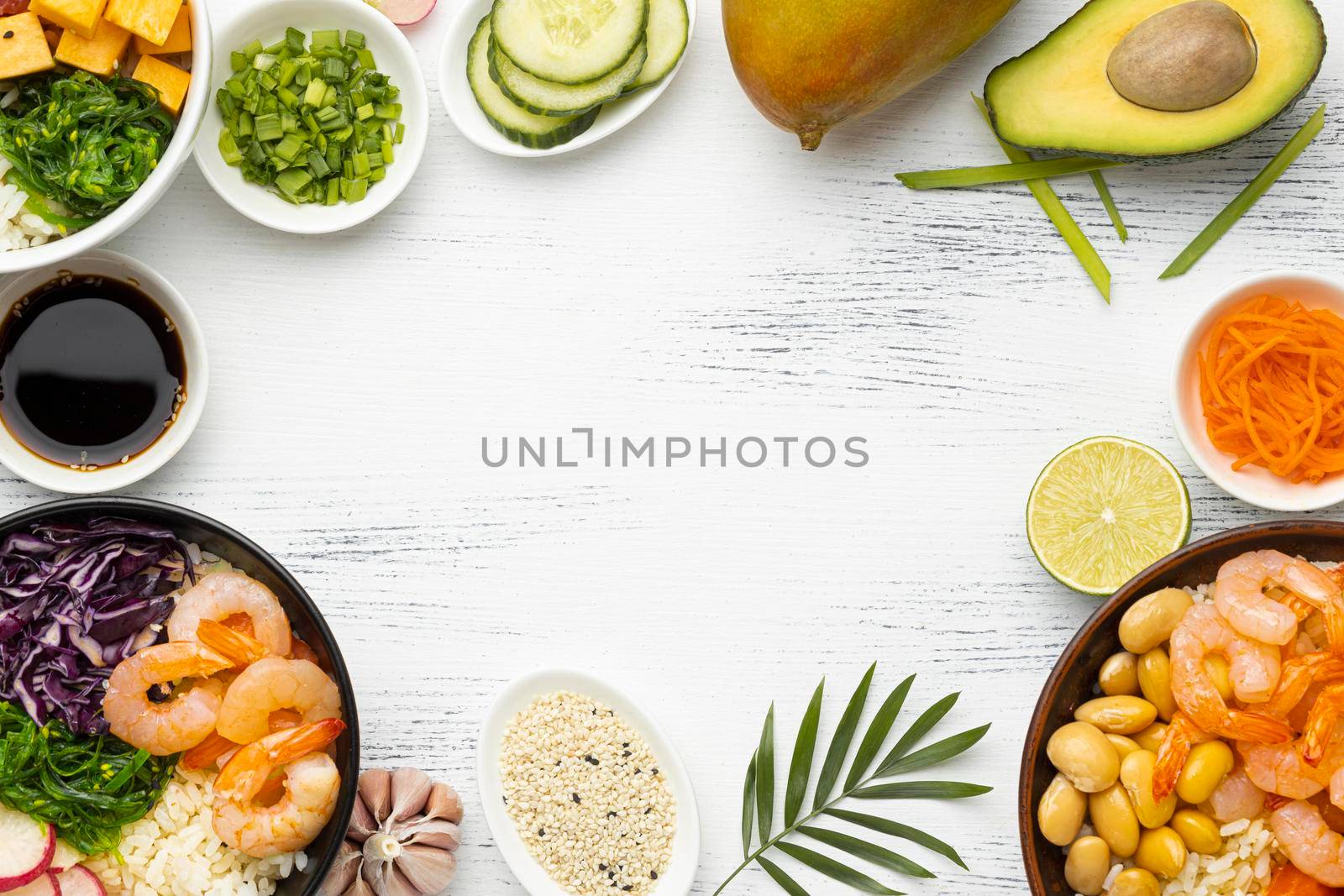 flat lay arrangement hawaiian poke bowl. High resolution photo