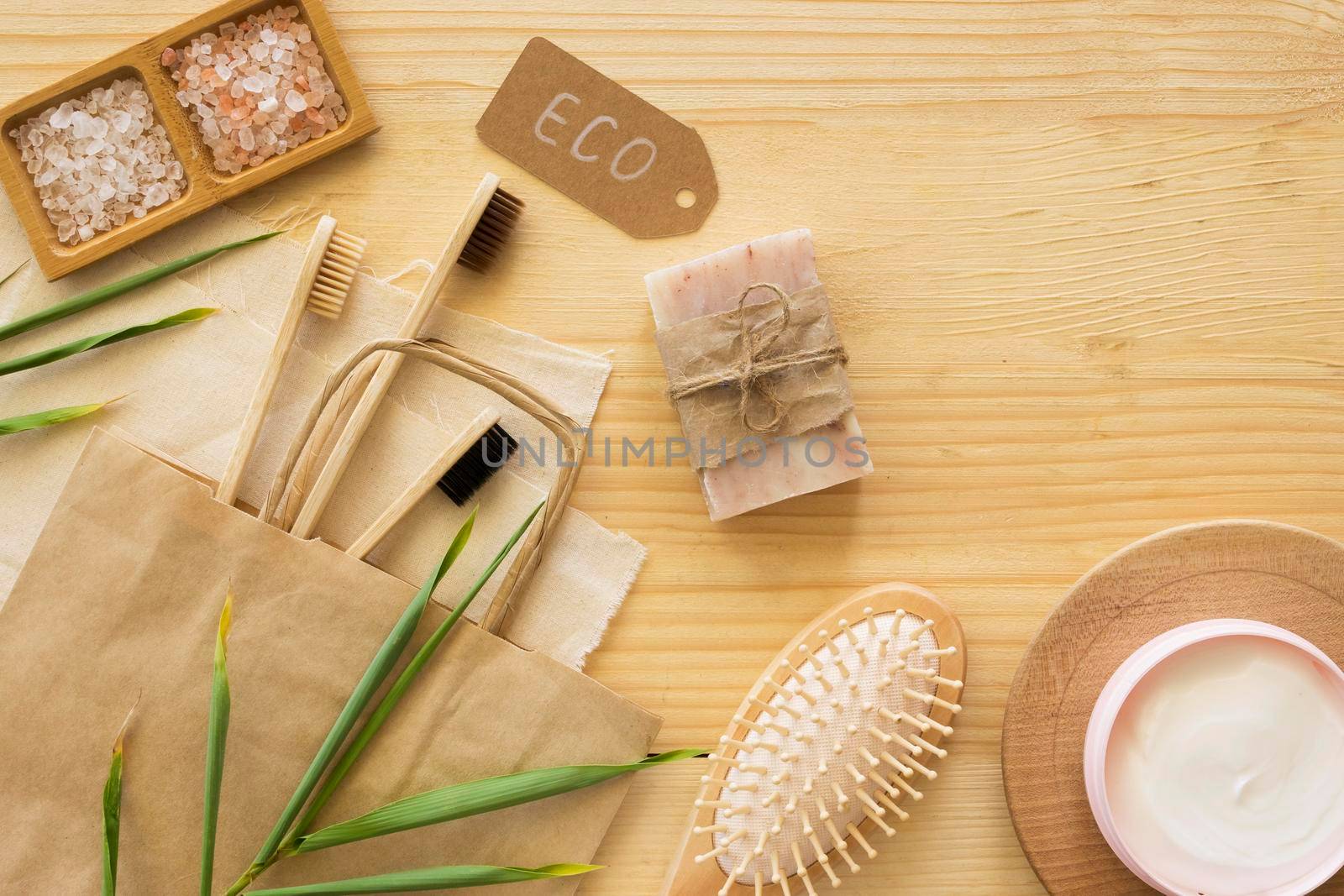 bamboo toothbrushes soap top view. High resolution photo