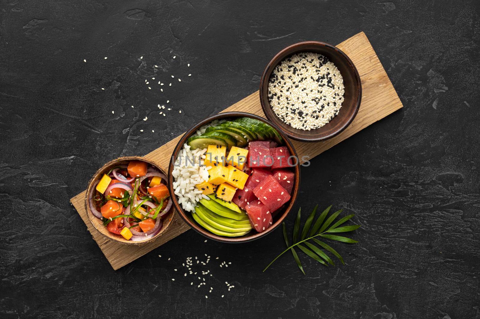 flat lay assortment delicious poke bowl. High resolution photo