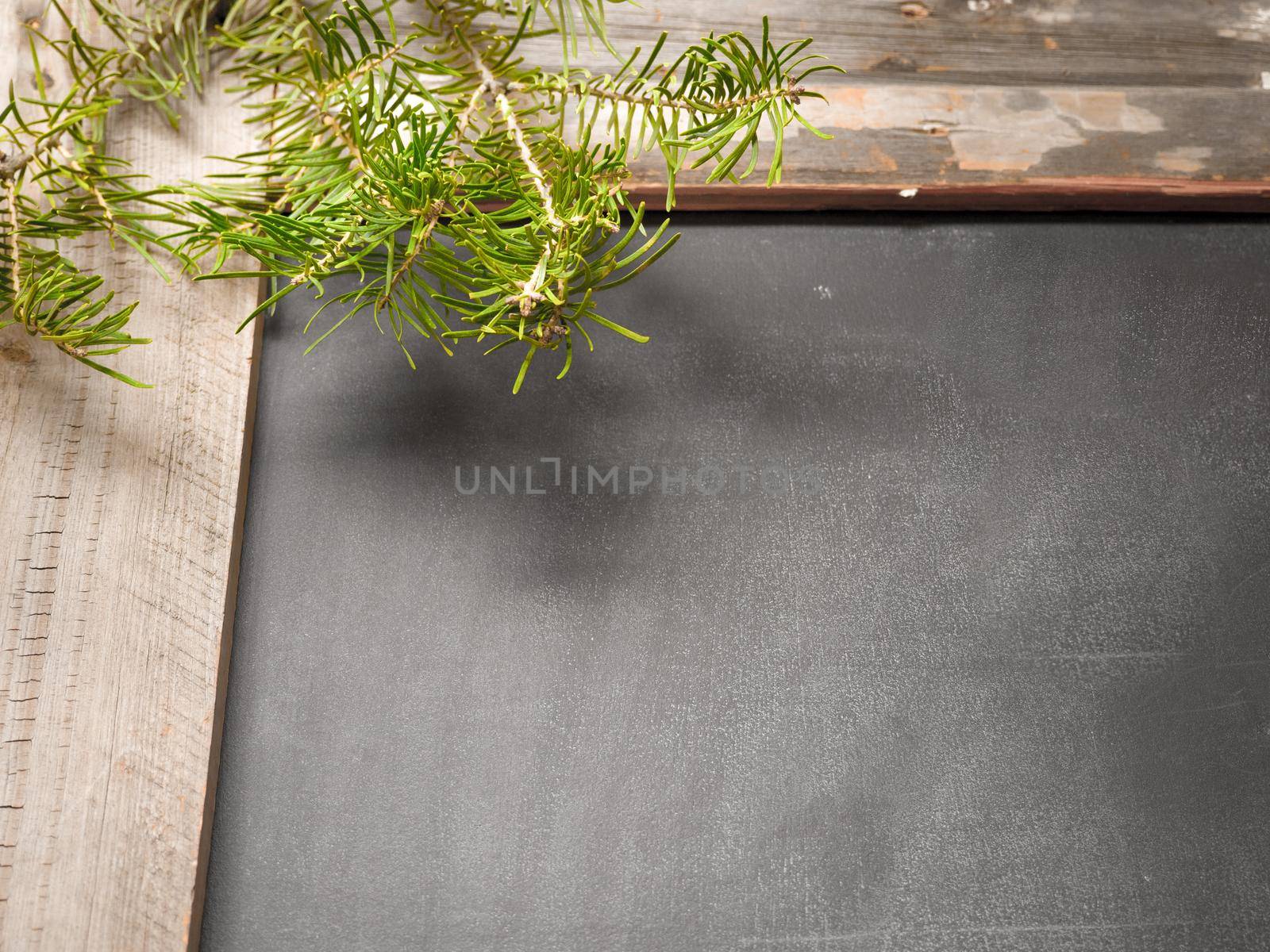 Photograph of distressed wood framed chalkboard with evergreen pine branch and needles hanging in the corner.