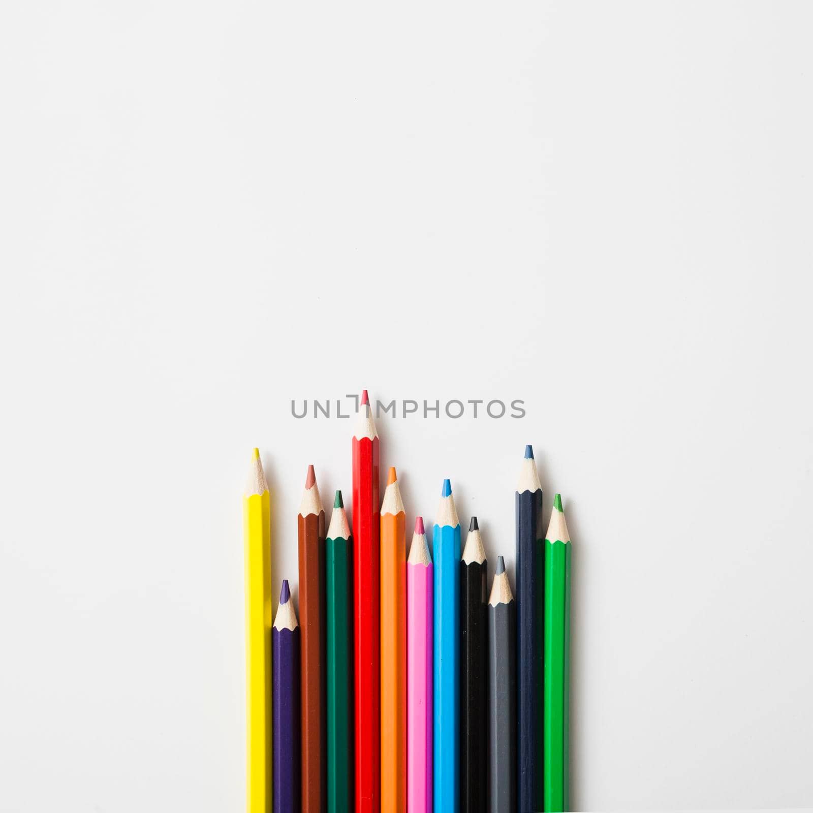 row sharp colored pencils against white background. High quality photo by Zahard