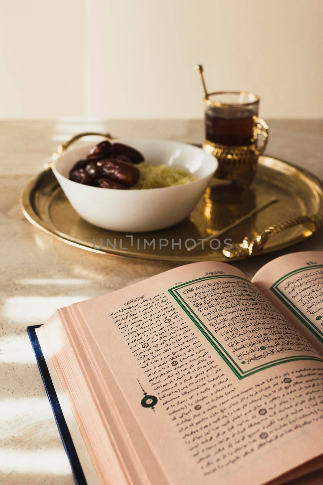 ramadan concept with open quran dates. High resolution photo