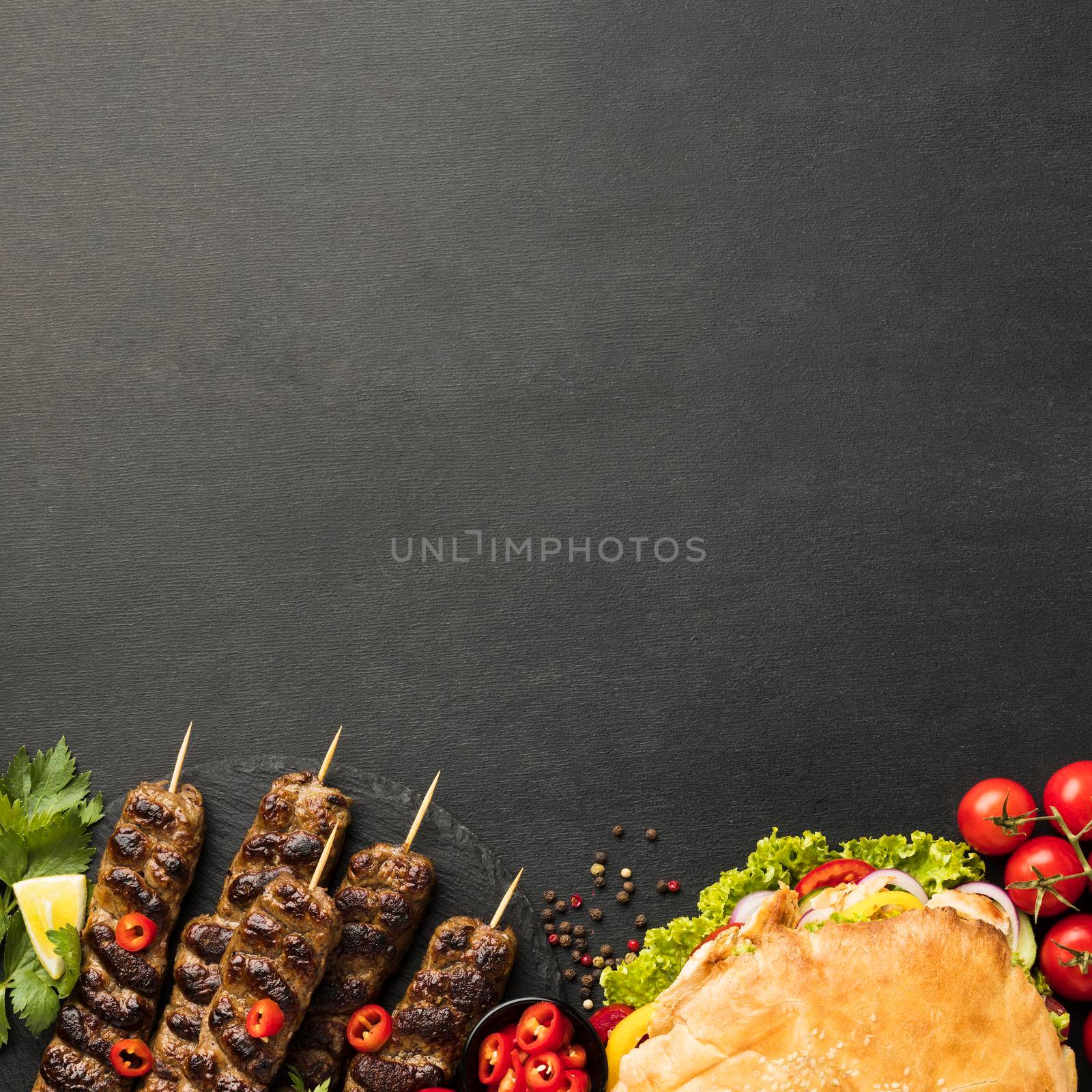 flat lay assortment tasty kebabs with copy space. High resolution photo