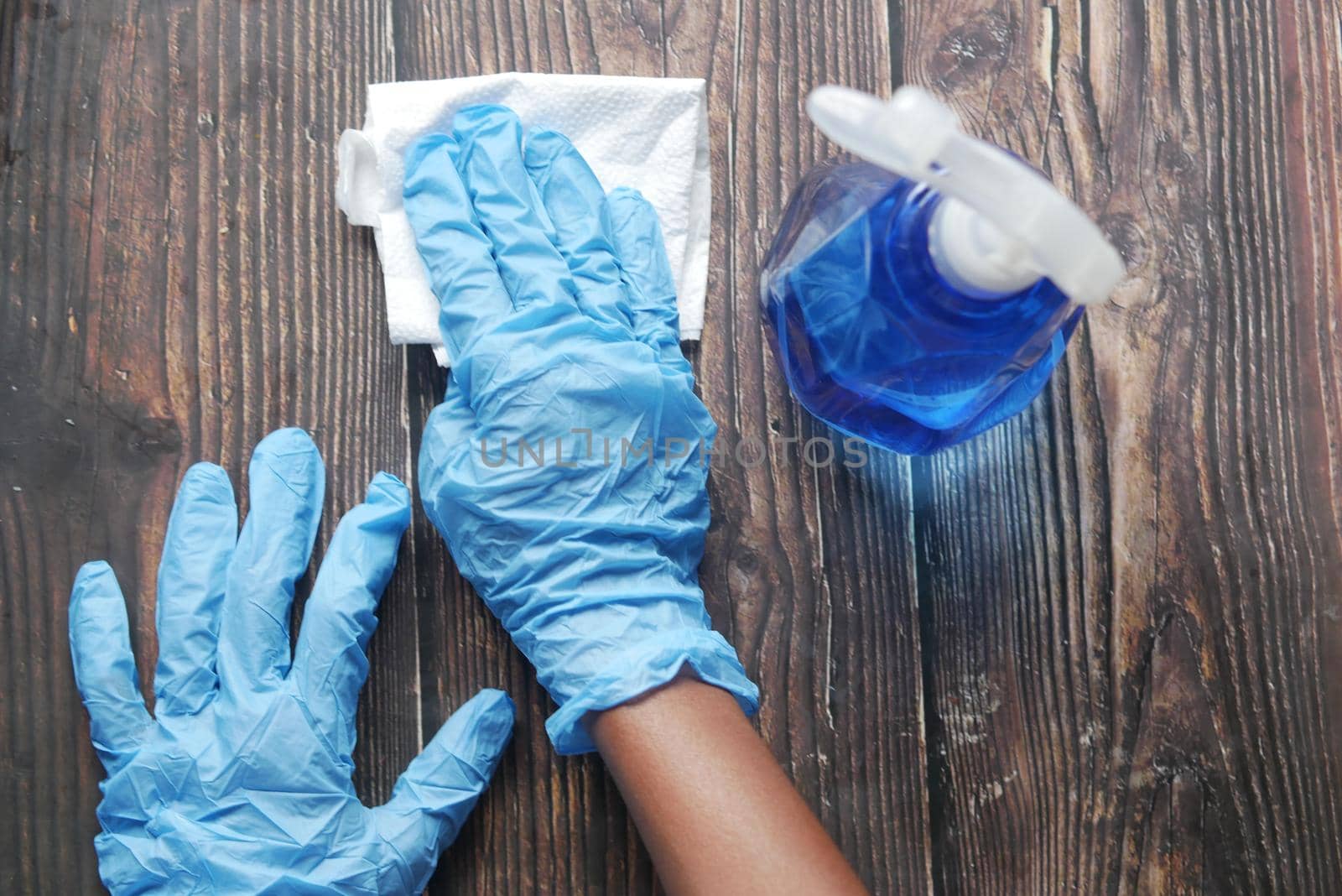 hand in blue rubber gloves holding spray bottle .