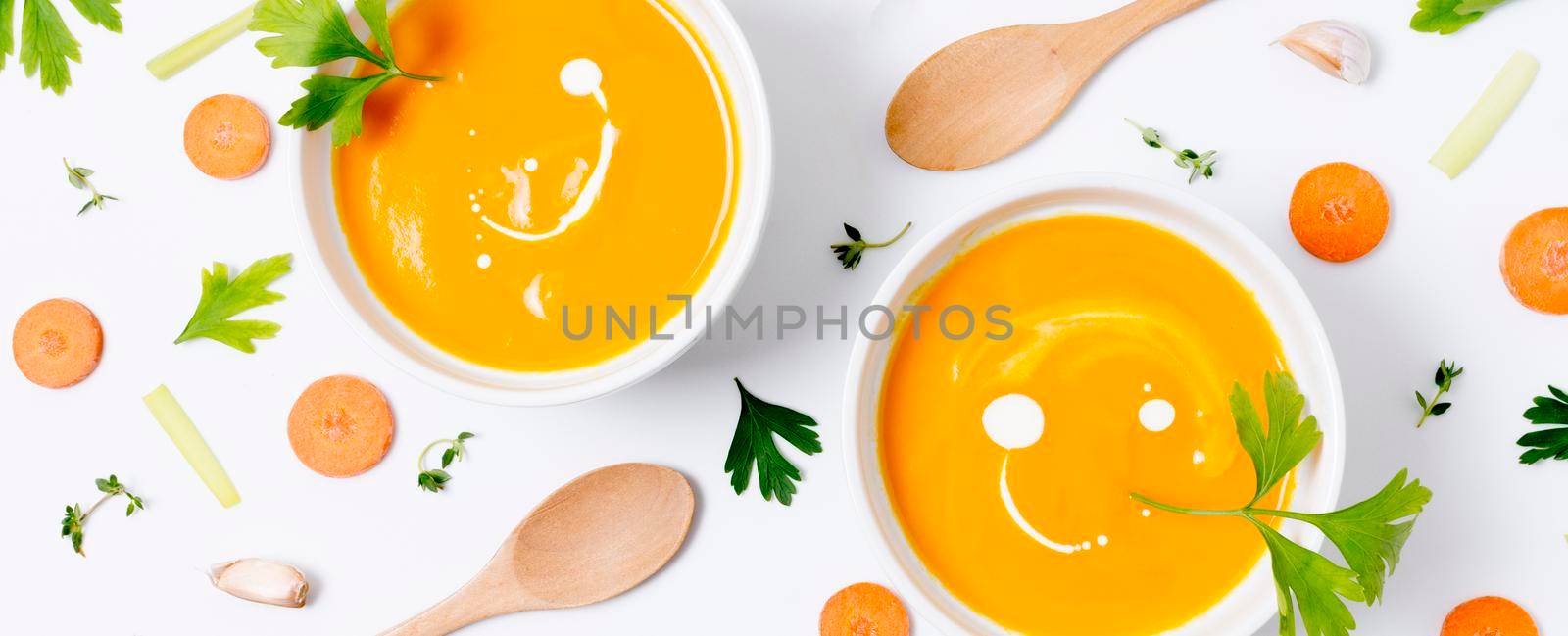 top view delicious pumpkin soup table. High resolution photo