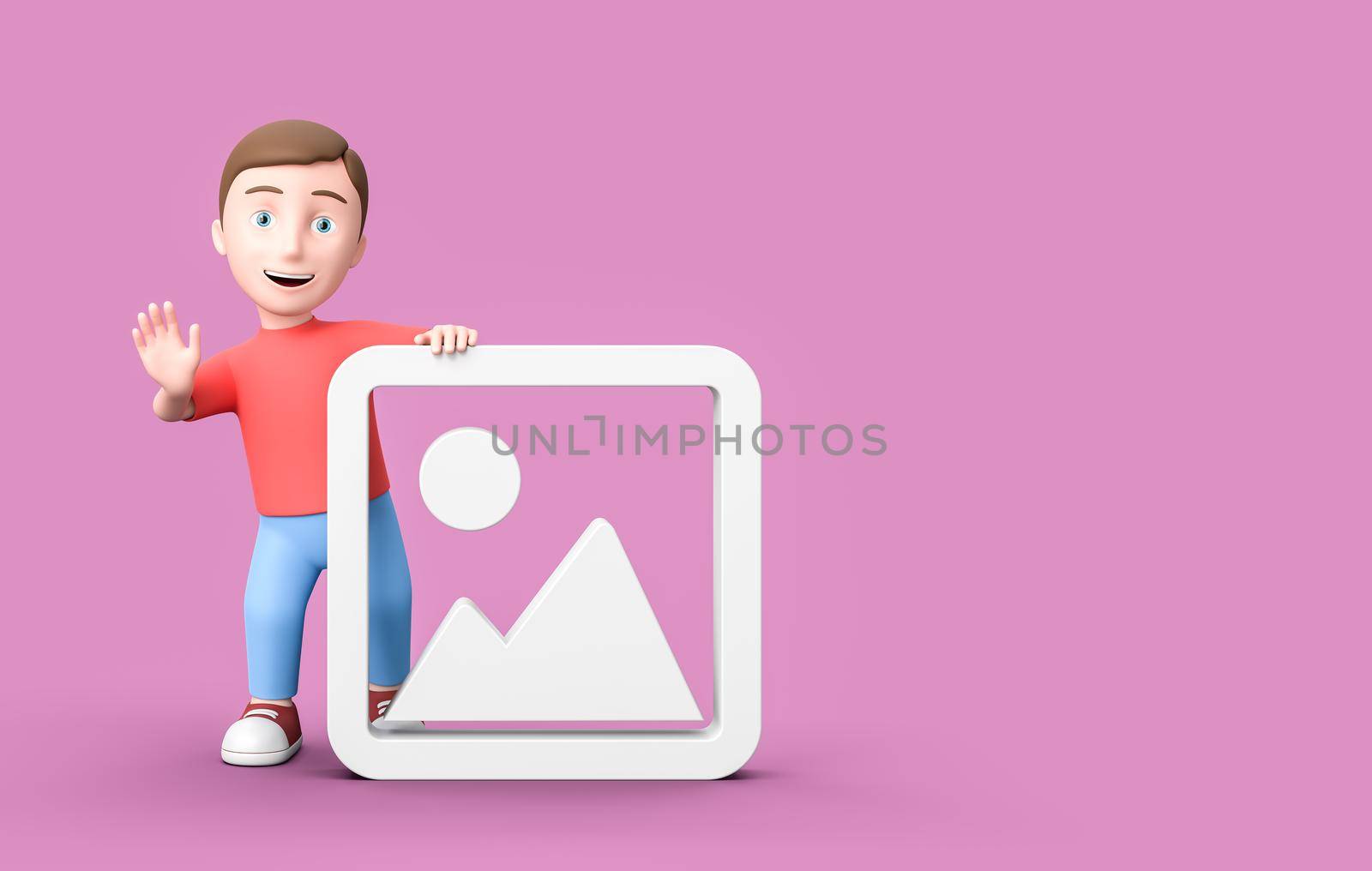 Happy Young Kid 3D Cartoon Character with White Picture Image Symbol Shape on Purple Background with Copy Space 3D Illustration