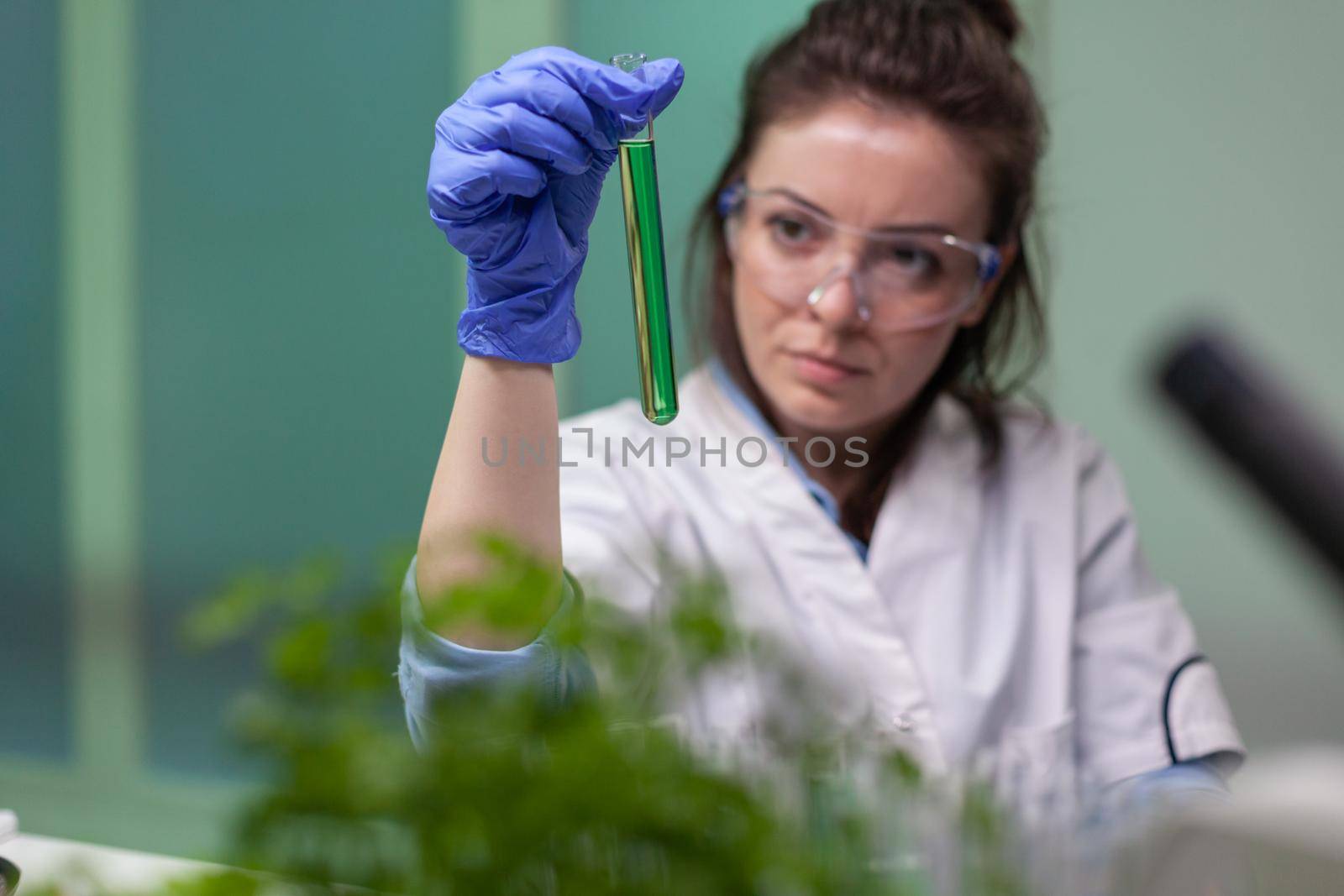 Chemist researcher woman holding test tube with dna liquid observing genetic mutation on sample researching for biochemistry expertise. Scientist biologist working in agriculture laboratory.