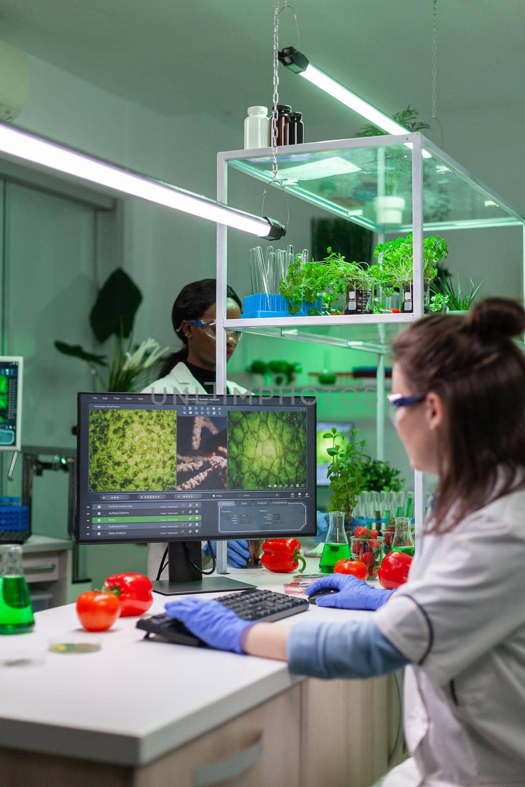 Chemist scientist woman typing biochemistry expertise on computer while analyzing green solution from flask for pharmaceutical medical experiment. Medical team working in microbiology laboratory.