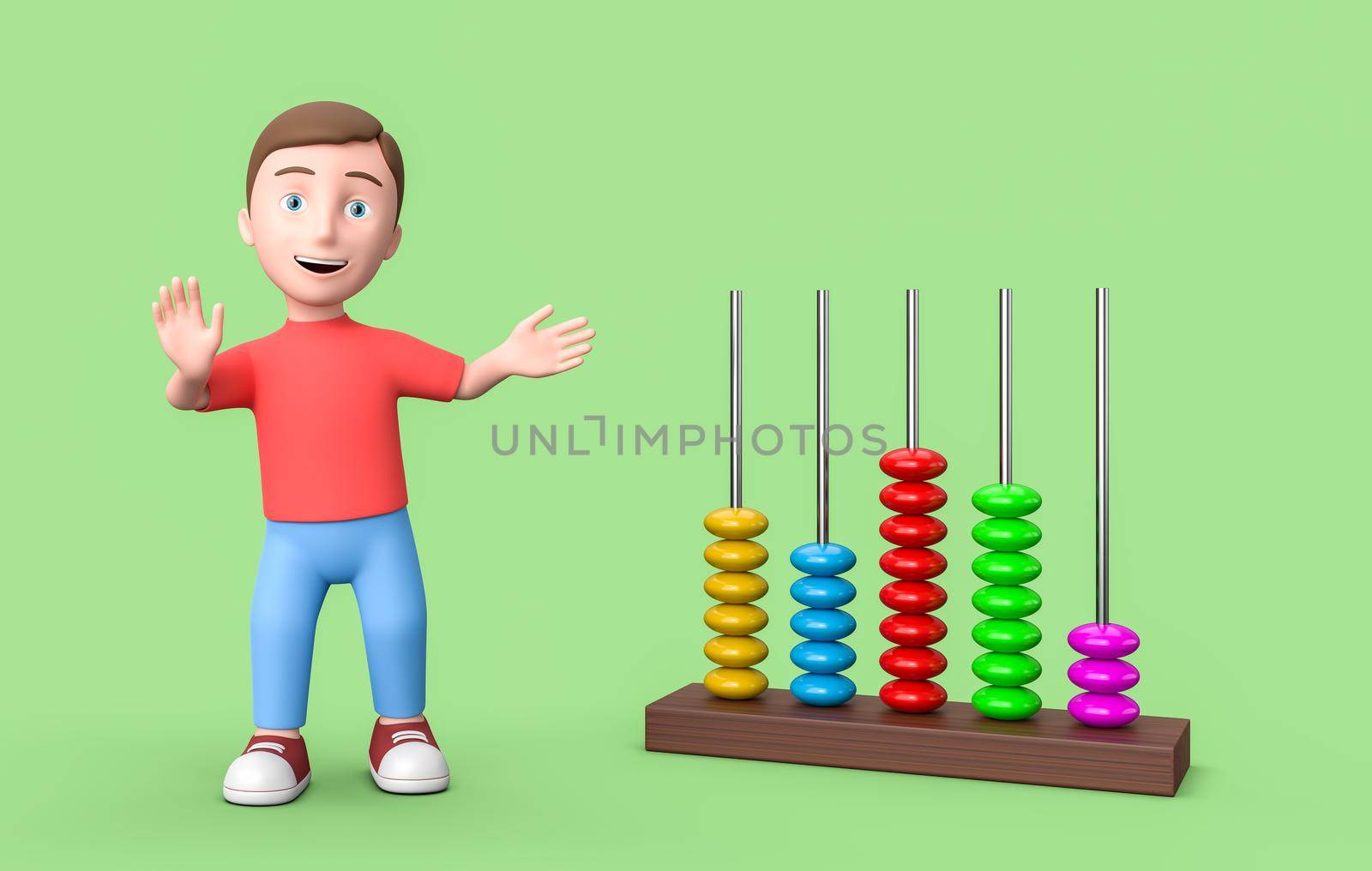 Happy Young Kid 3D Cartoon Character and Abacus on Green Background with Copy Space 3D Illustration