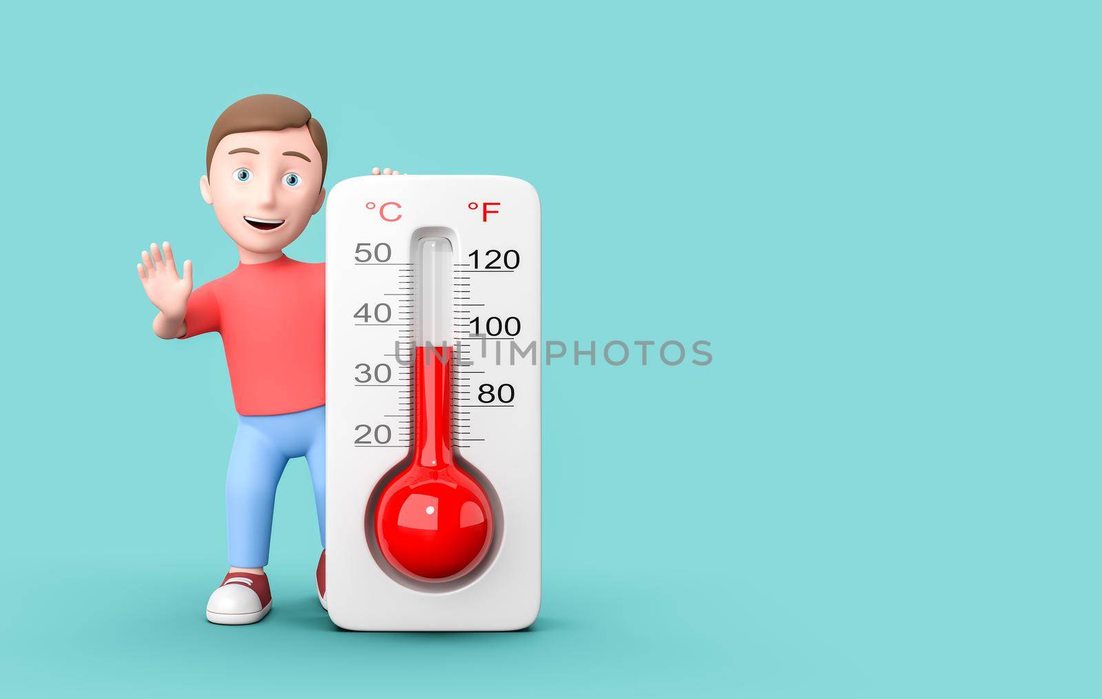 Happy Young Kid 3D Cartoon Character with Thermometer on Blue Background with Copy Space 3D Illustration