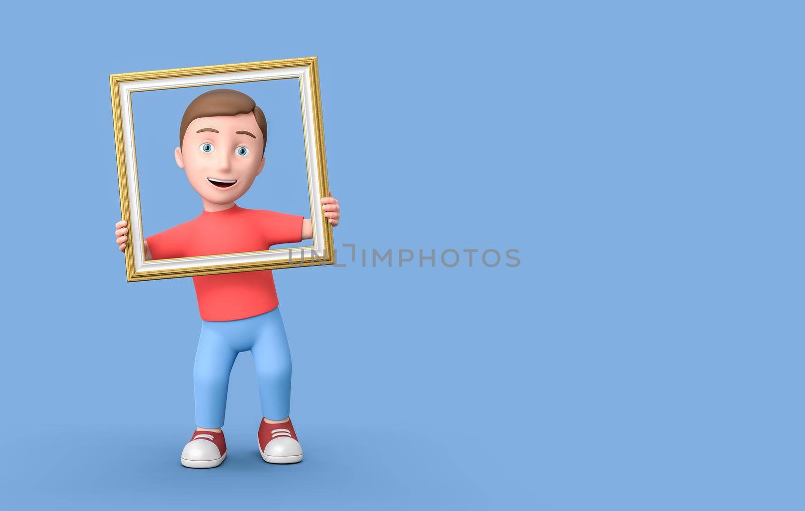 3D Cartoon Character into a Picture Frame on Blue Background with Copy Space by make