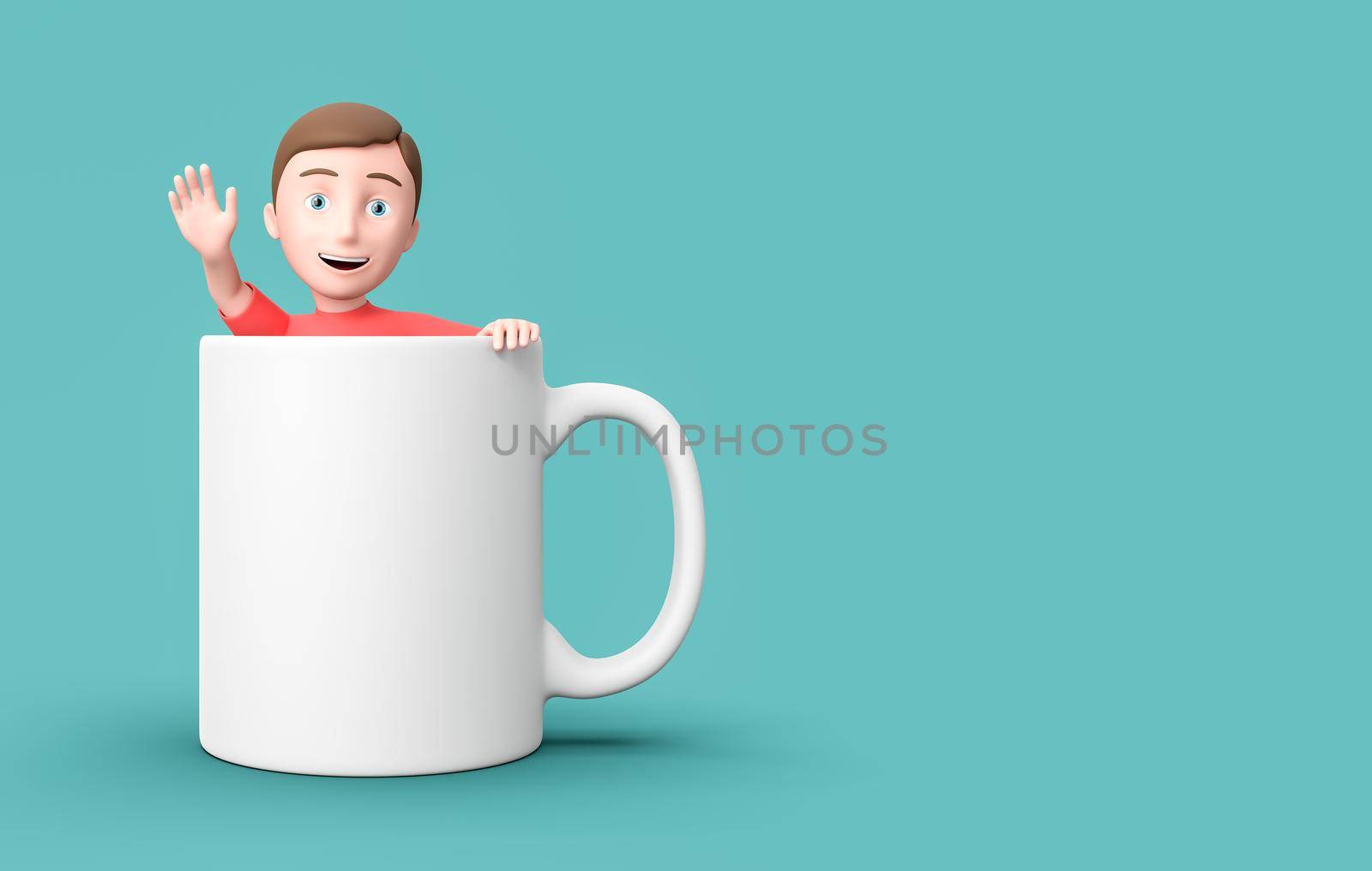Young 3D Cartoon Character Inside a Mug on Blue Background with Copy Space by make