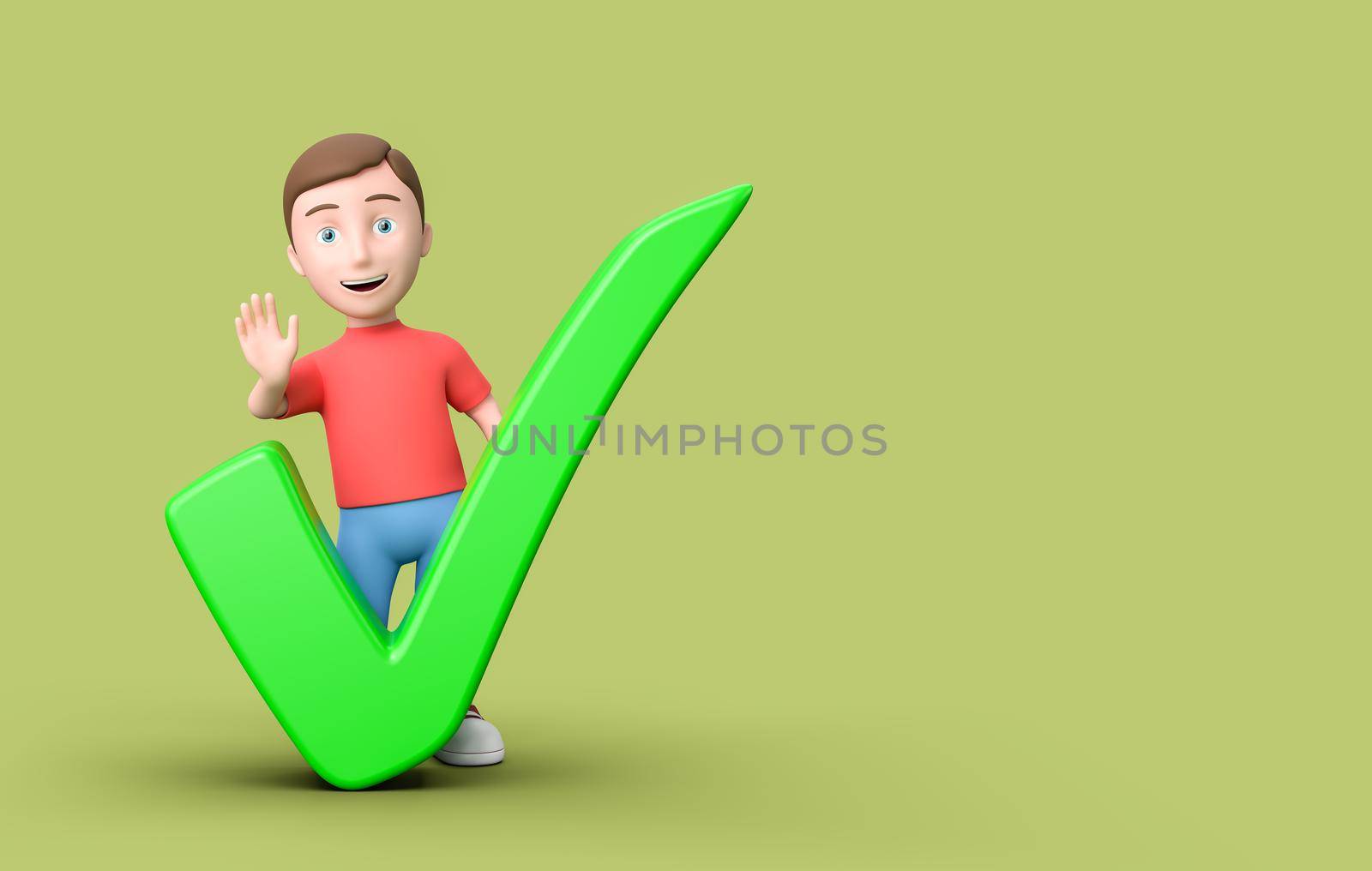 Happy Young Kid 3D Cartoon Character with Check Mark on Green Background with Copy Space 3D Illustration