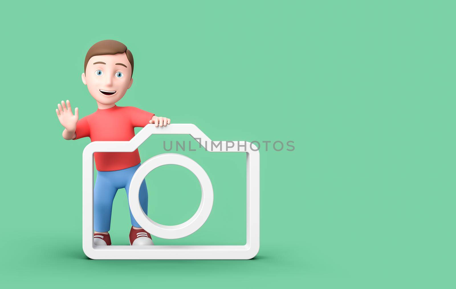 Happy Young Kid 3D Cartoon Character with Camera Symbol Shape on Blue Background with Copy Space 3D Illustration