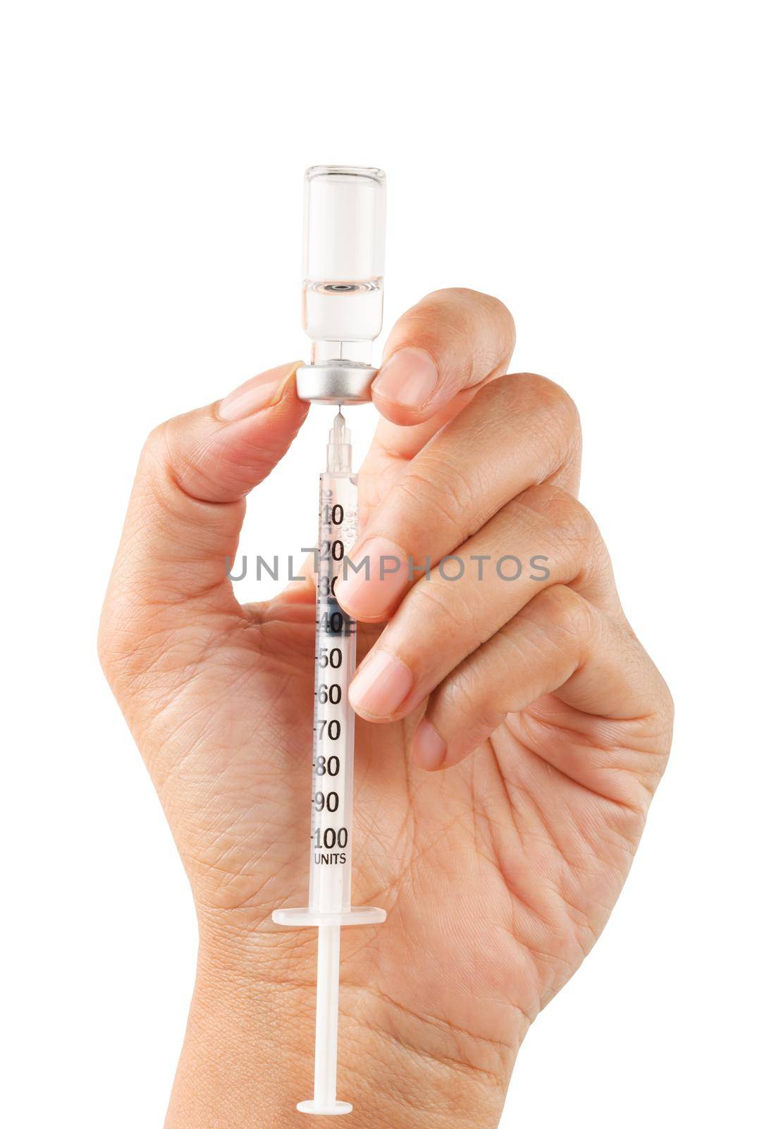Syringe, medical injection vaccination in hand isolated on white background. by Gamjai