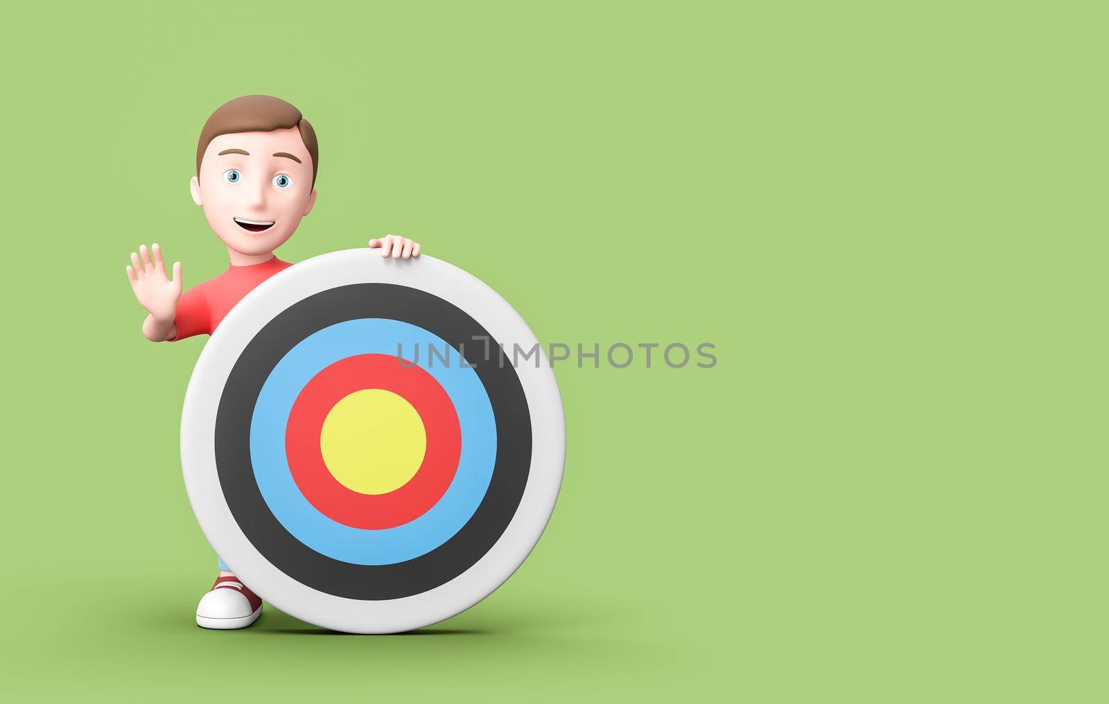 Happy Young Kid 3D Cartoon Character with Arrow Target on Green Background with Copy Space 3D Illustration