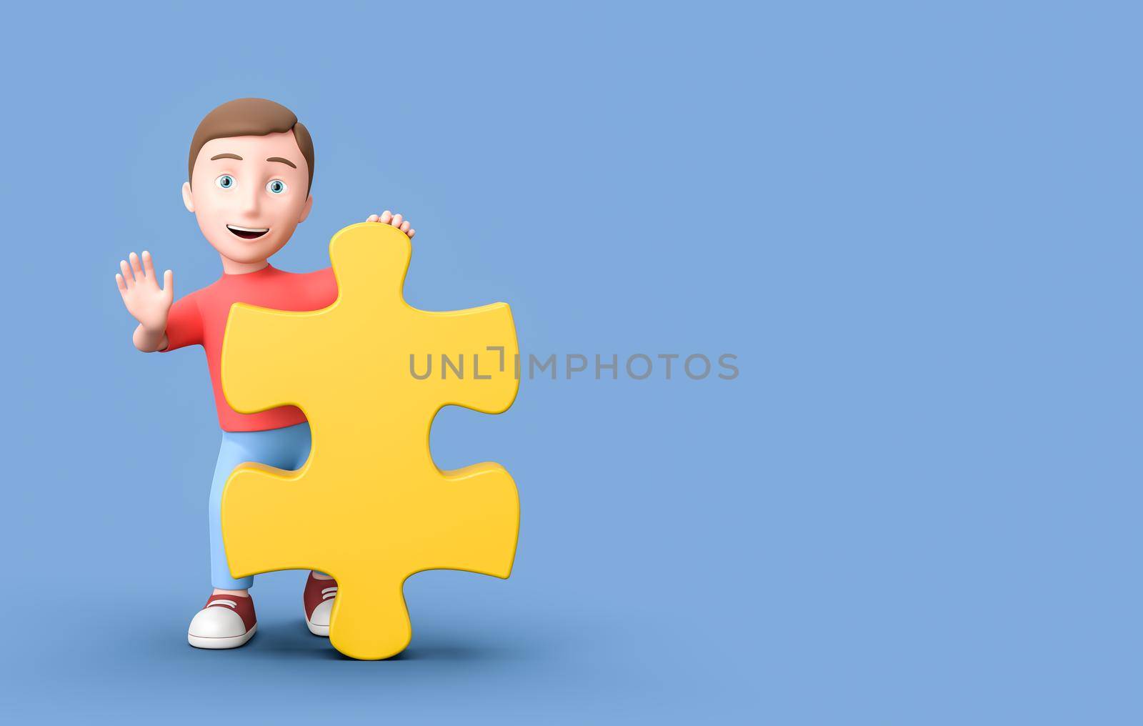 Young 3D Cartoon Character with Puzzle Piece on Blue Background with Copy Space by make