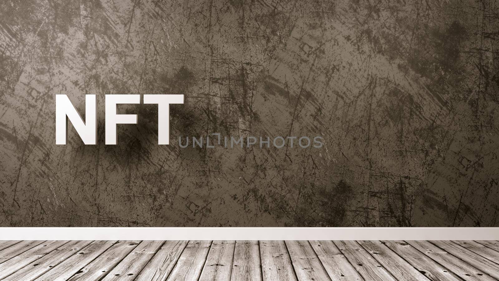 White NFT Text Against the Plastered Wall of a Room, 3D Render