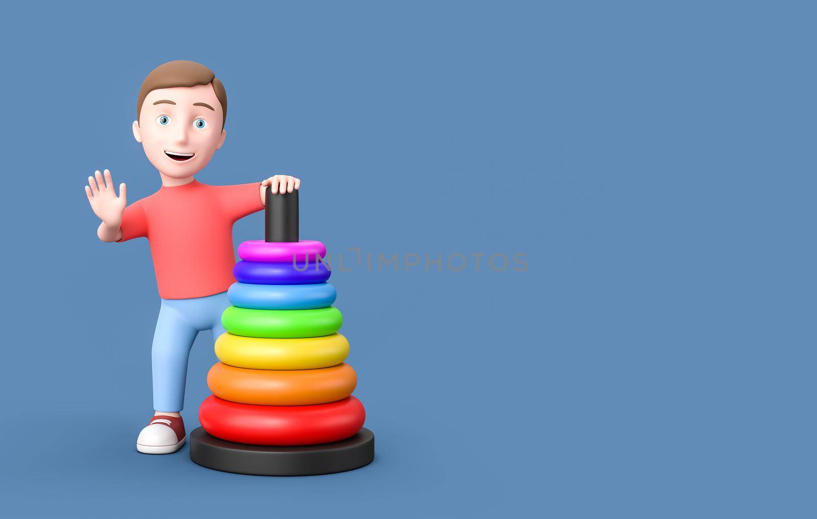 Happy Young Kid 3D Cartoon Character with Stack of Rings Toy on Blue Background with Copy Space 3D Illustration