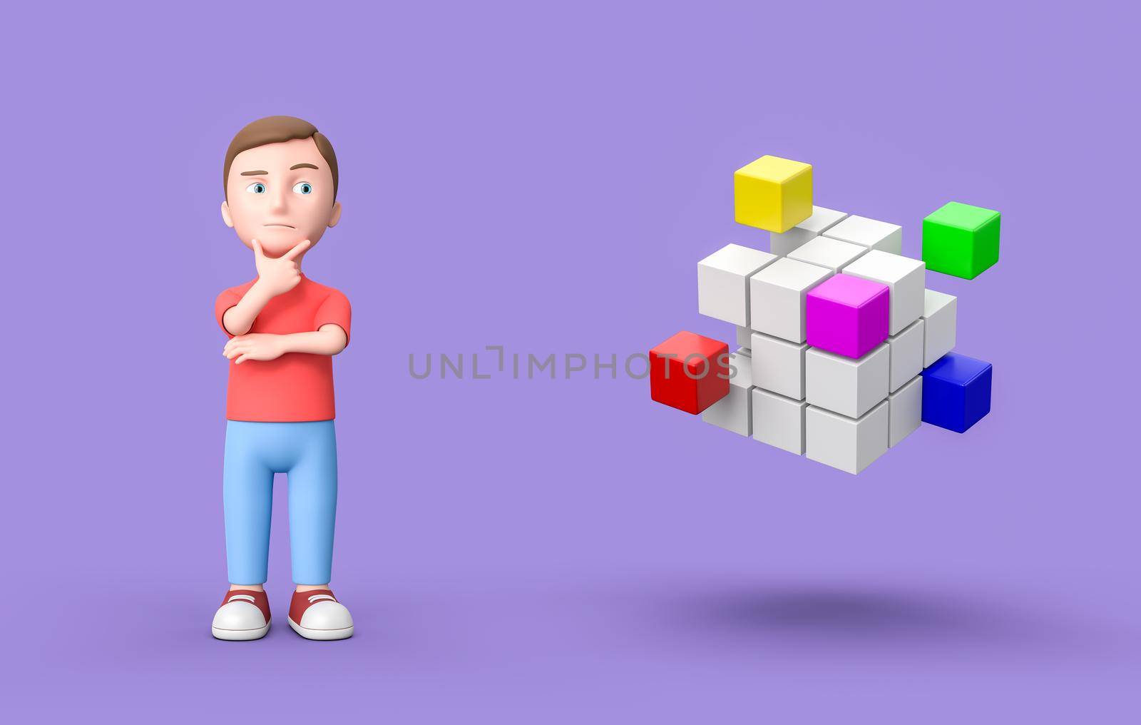 Thoughtful Young Kid 3D Cartoon Character and Combining Multicolor Cubes on Purple Background 3D Illustration