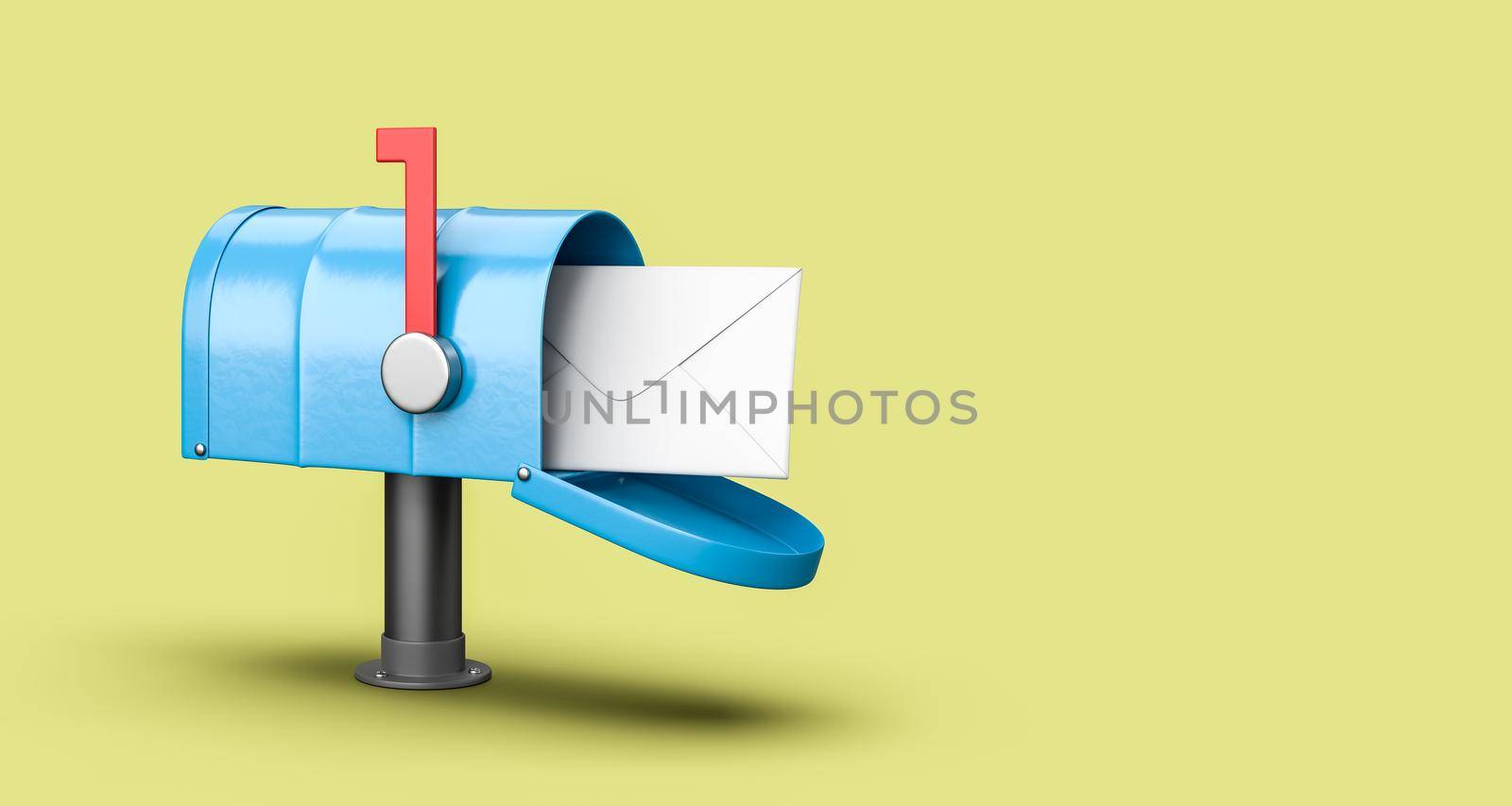 Blue Mailbox with Envelop on Yellow Background with Copy Space 3D Illustration