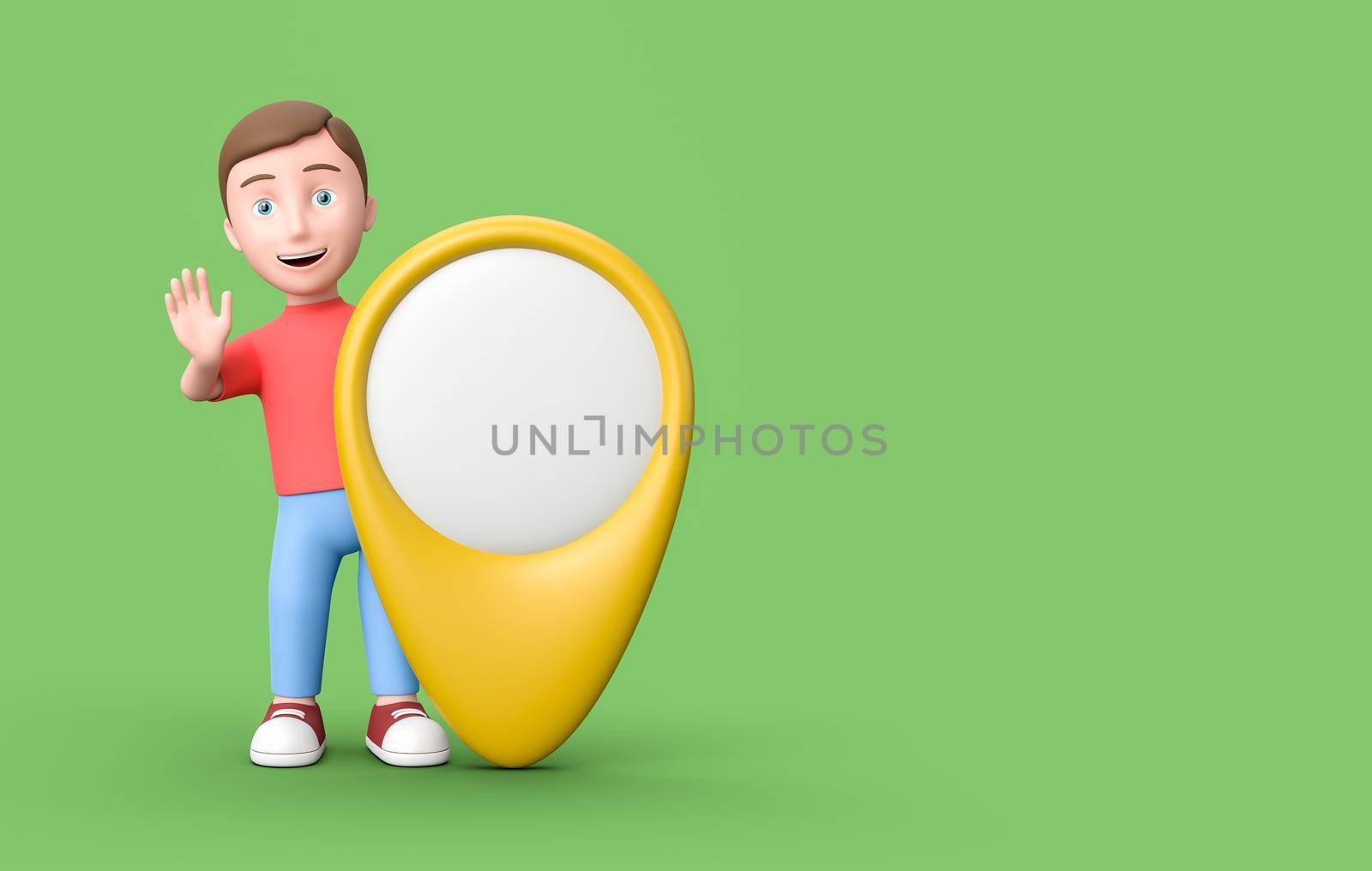 3D Cartoon Character with a Map Pointer on Green Background with Copy Space by make