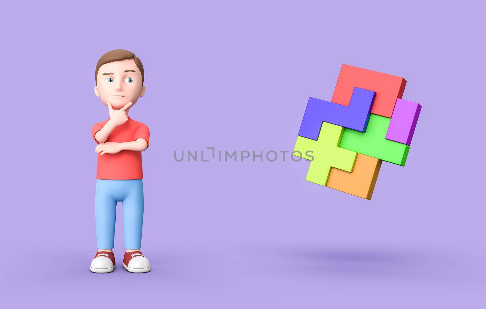 Thoughtful Young Kid 3D Cartoon Character and Colorful Blocks Combined on Purple Background 3D Illustration