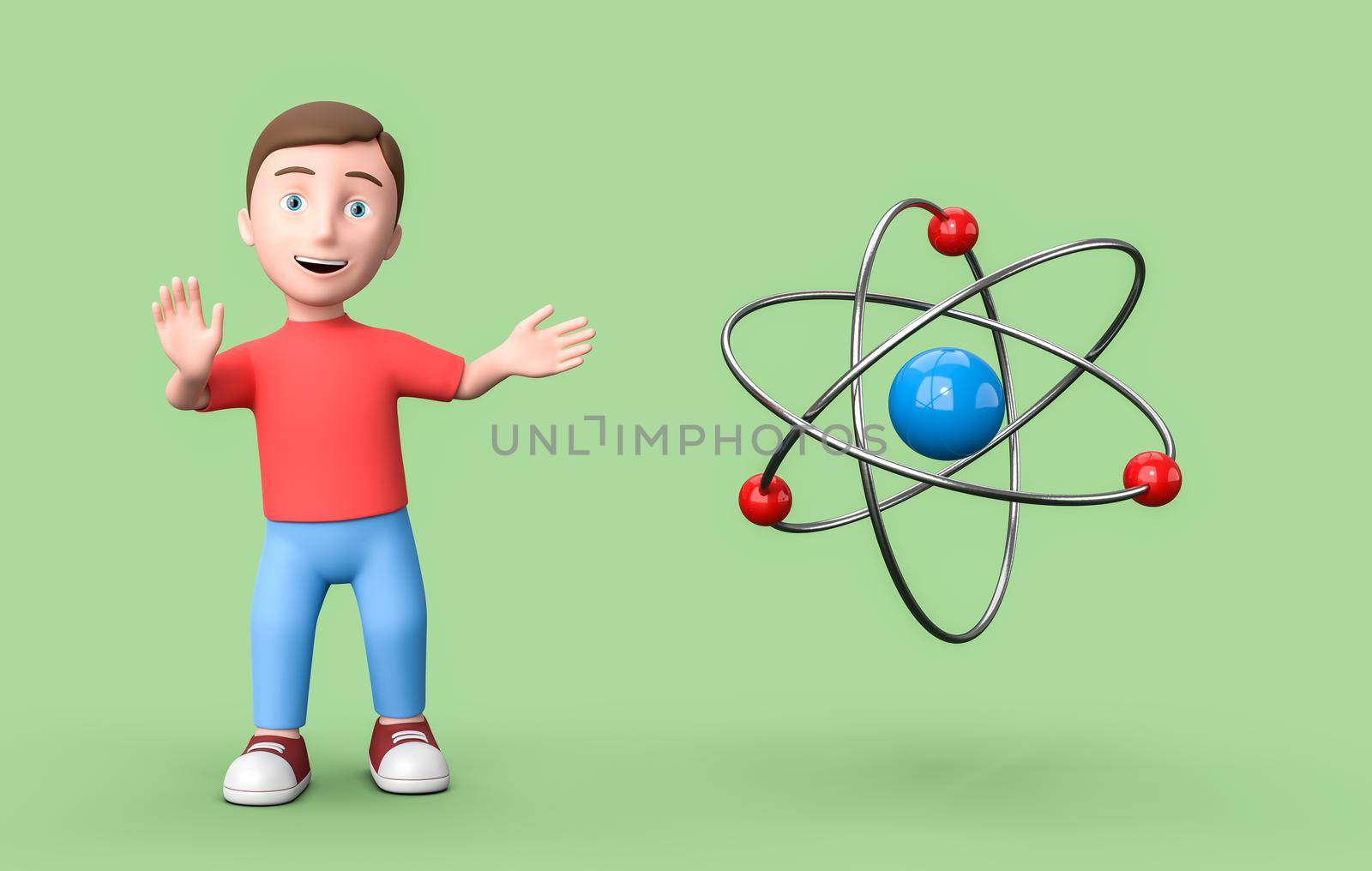 Happy Young Kid 3D Cartoon Character and Atom Symbol Structure on Green Background with Copy Space 3D Illustration, Science Concept