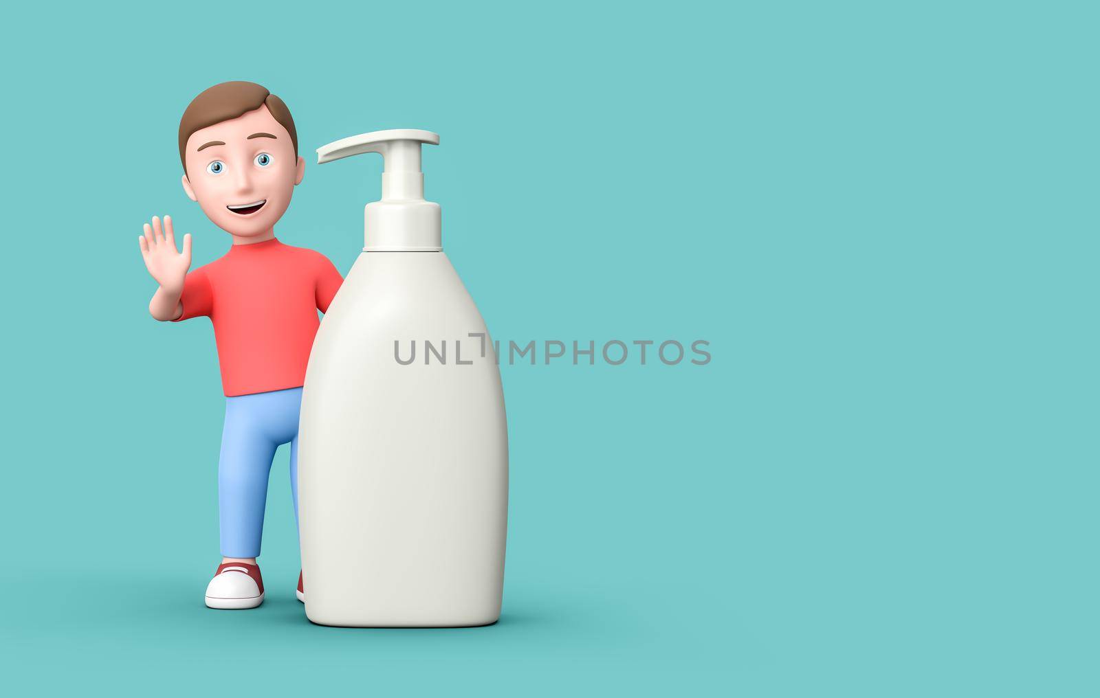 Happy Young Kid 3D Cartoon Character with Blank White Liquid Soap Dispenser on Blue Background with Copy Space 3D Illustration