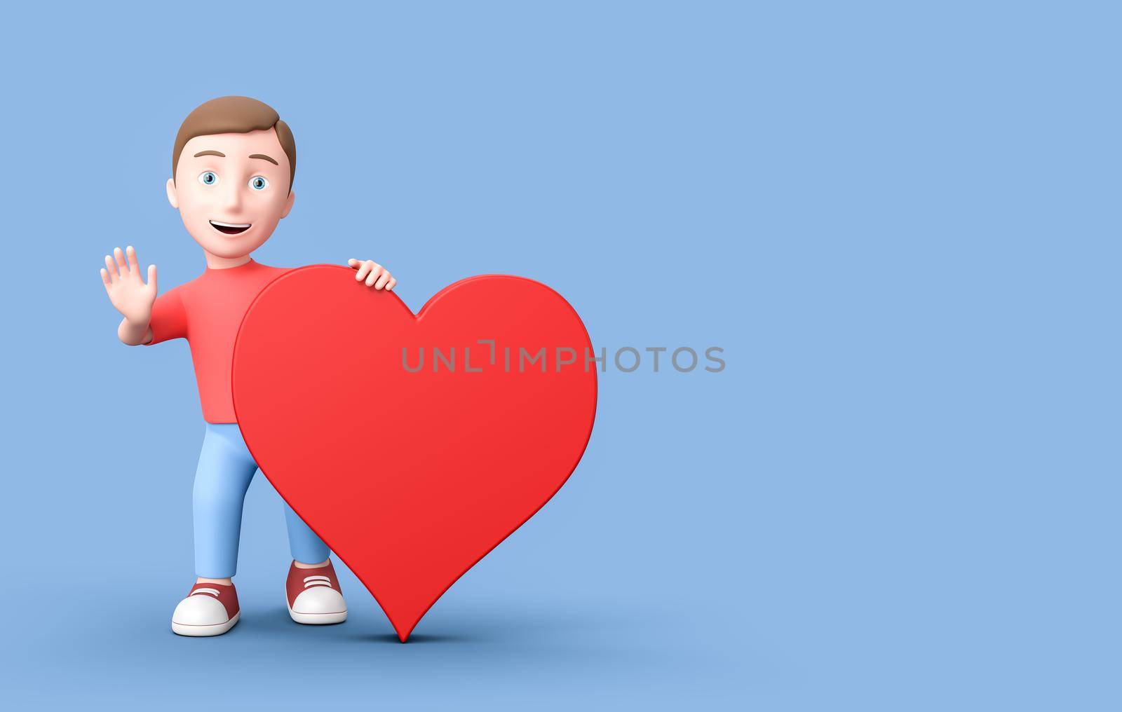 Happy Young Kid 3D Cartoon Character Red Heart Symbol Shape on Blue Background with Copy Space 3D Illustration, Love Concept