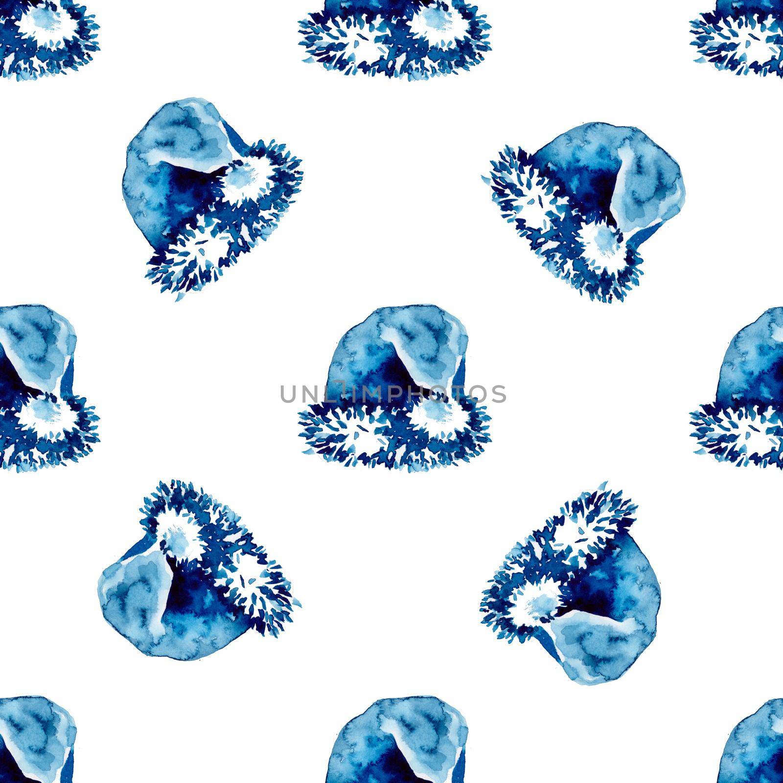 XMAS watercolor Santa Claus Hat Seamless Pattern in Blue Color. Hand PaintedCap Costume background or wallpaper for Ornament, Wrapping or Christmas Gift.