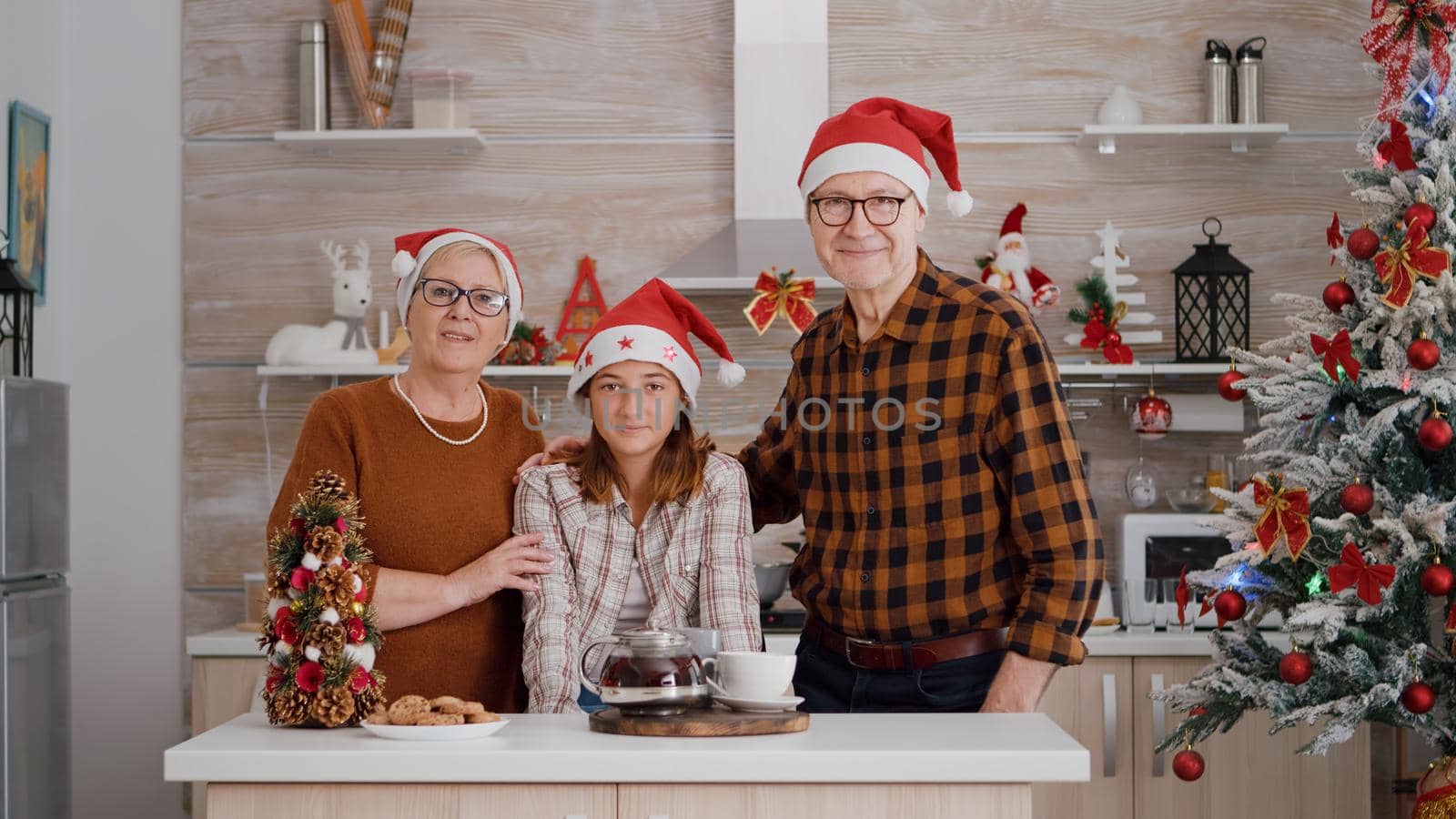 Portrait of happy family wearing santa hat looking into camera standing at table in xmas decorated kitchen. Grandparents enjoying winter season spending christmas holiday with grandchild