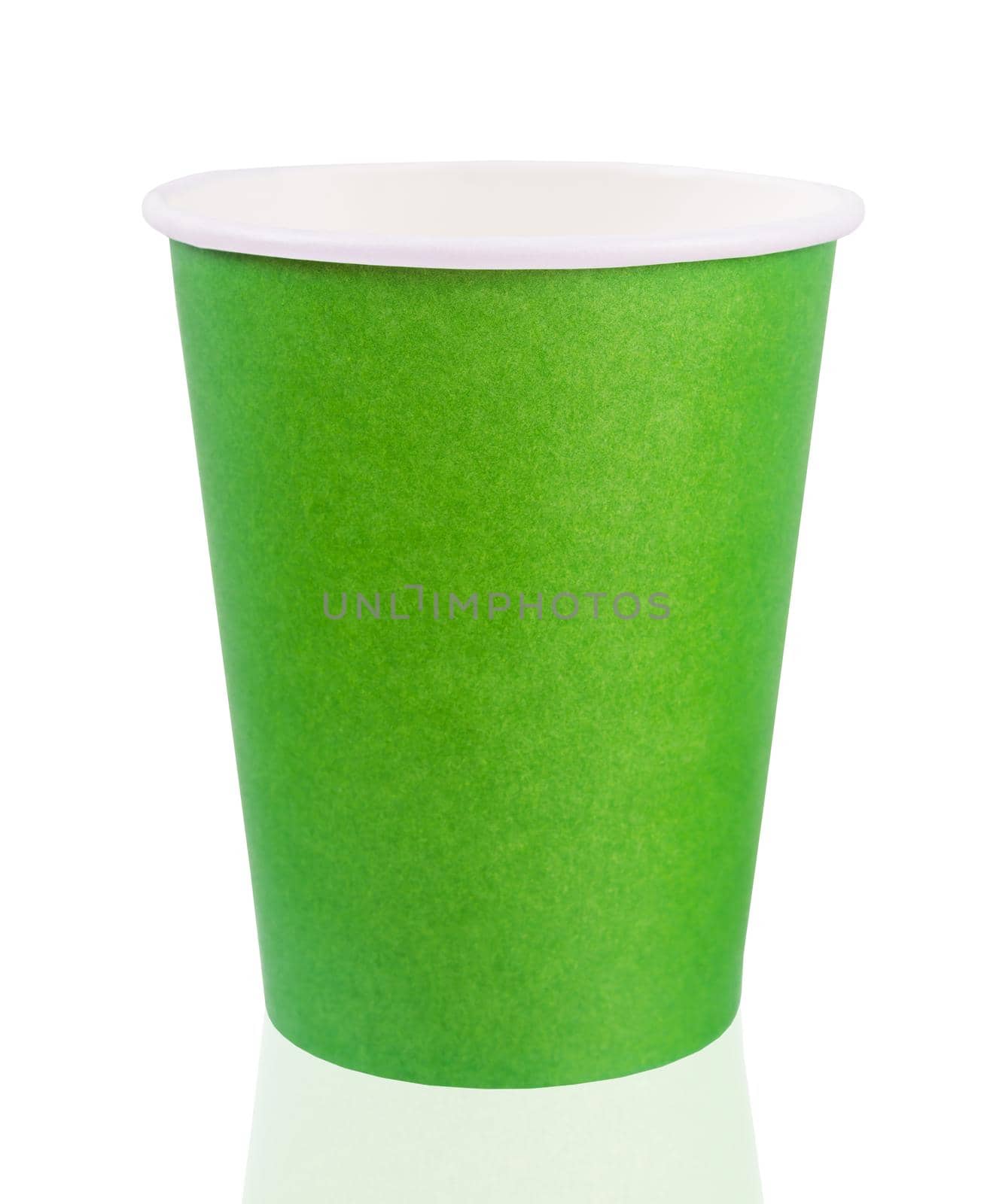 Green color paper drink glass disposable isolated on white background, save clipping path.