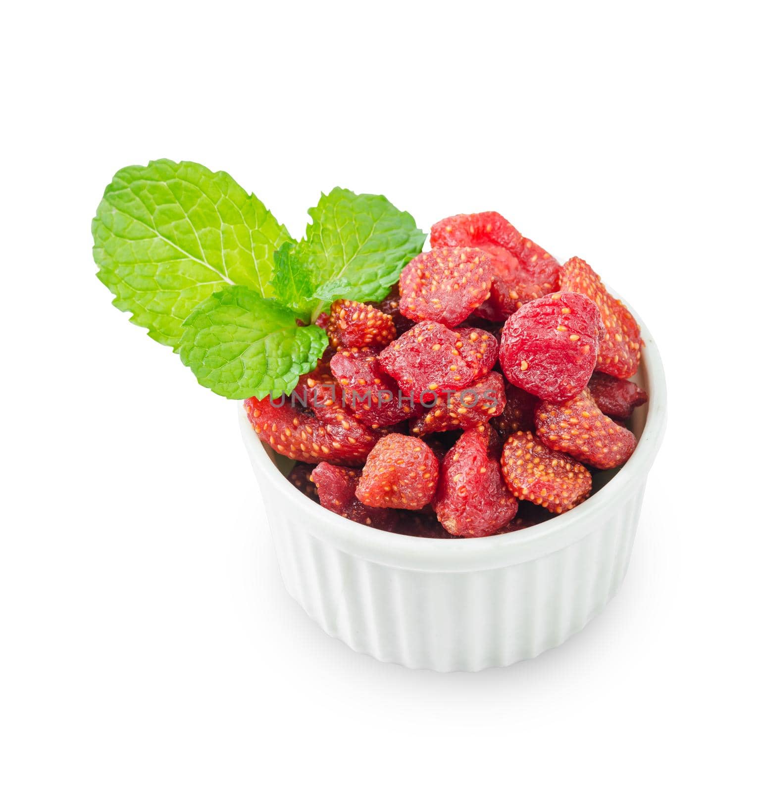 Dried sweet strawberries with green leaf in with bowl isolated on white background, save clipping path.
