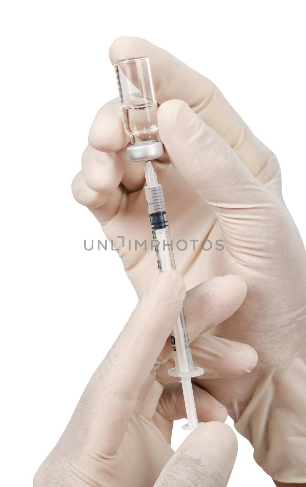 Syringe, medical injection vaccination in hand with glove isolated on white background, Save clipping path.