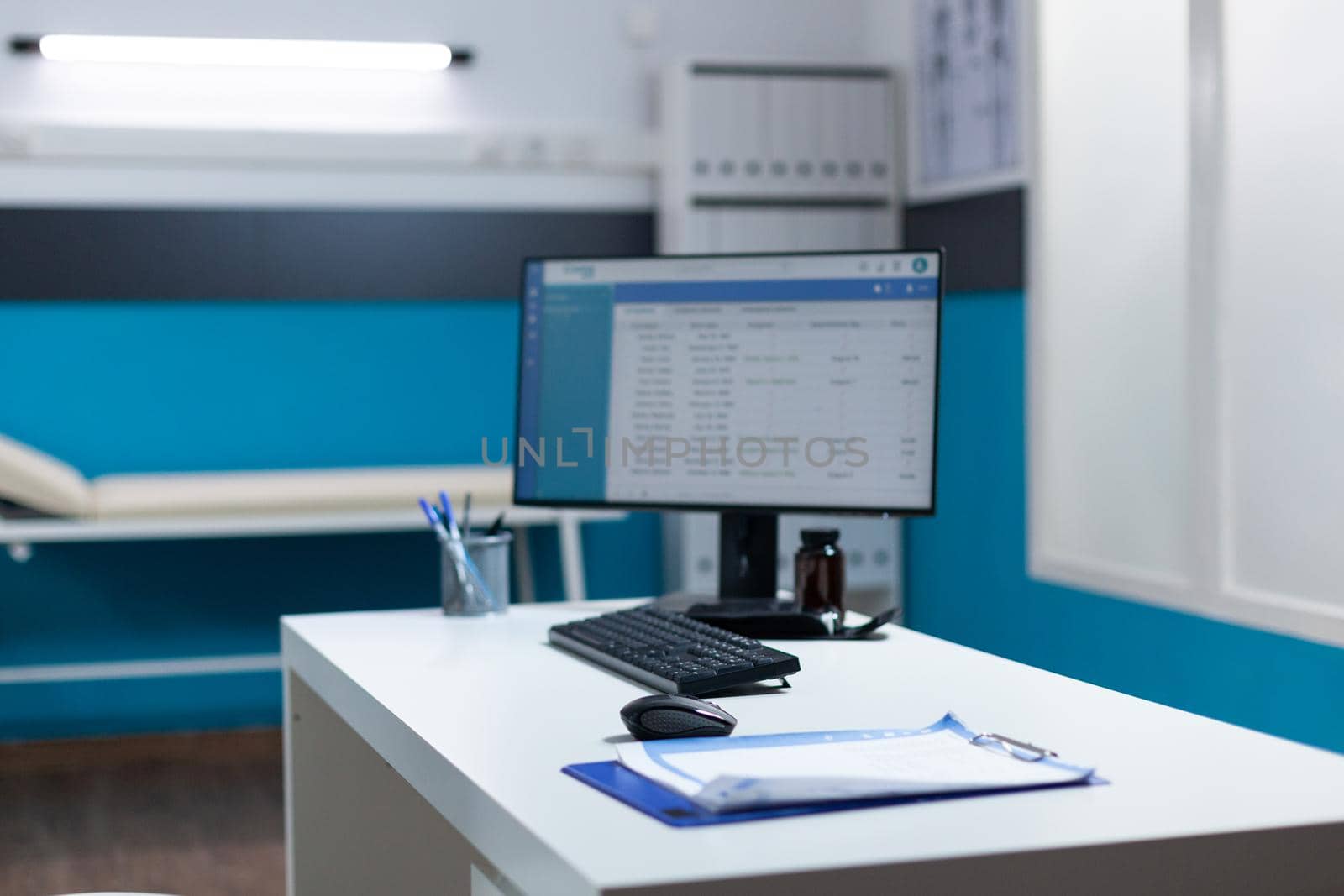 Empty desk with table medical paperwork and clinical appointment by DCStudio
