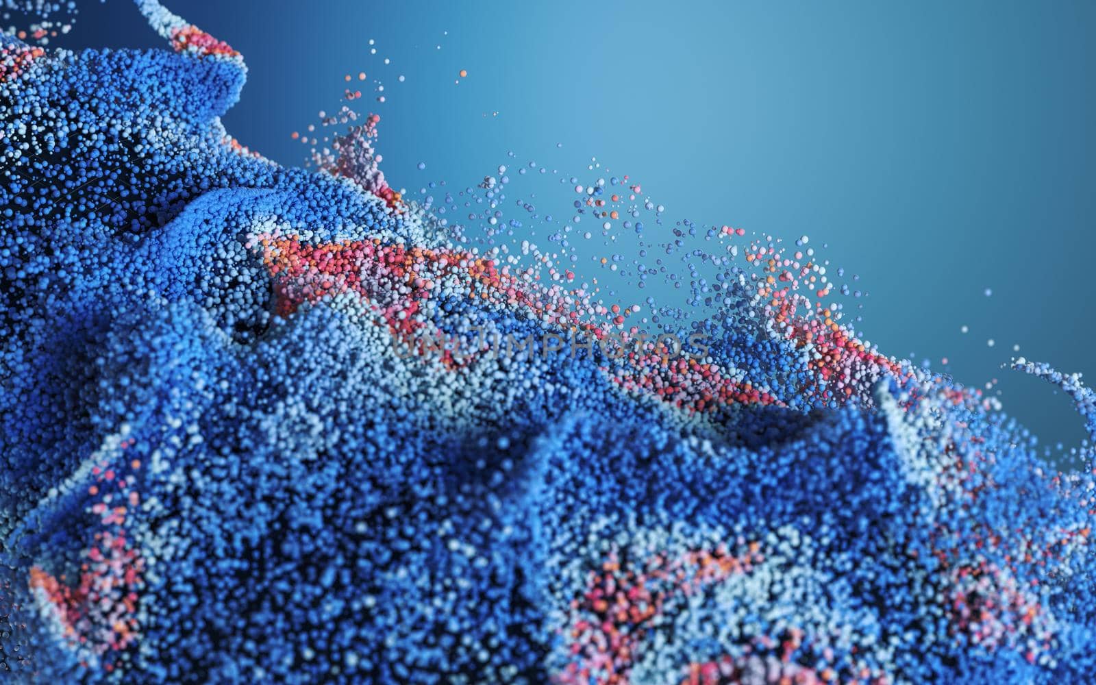 Colored particles with blue background, 3d rendering. by vinkfan
