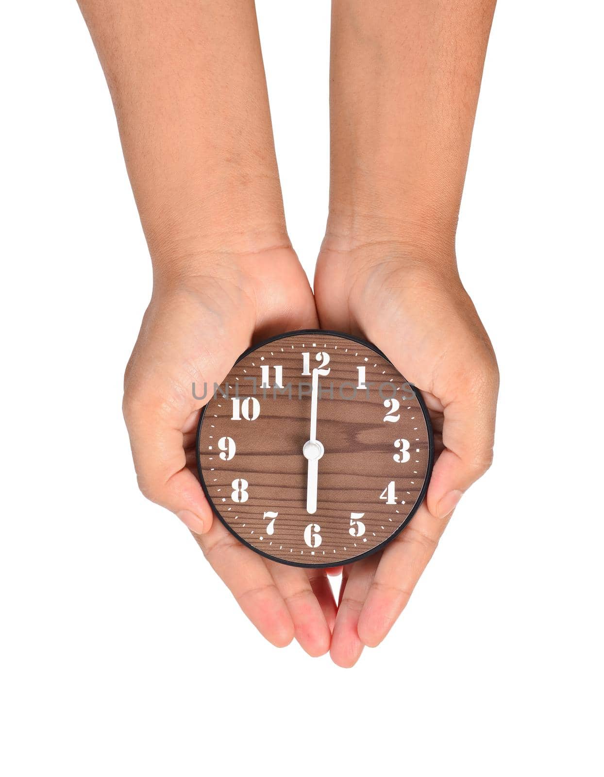 Female hand showing vintage brown clock isolated on white background, Save clipping path.