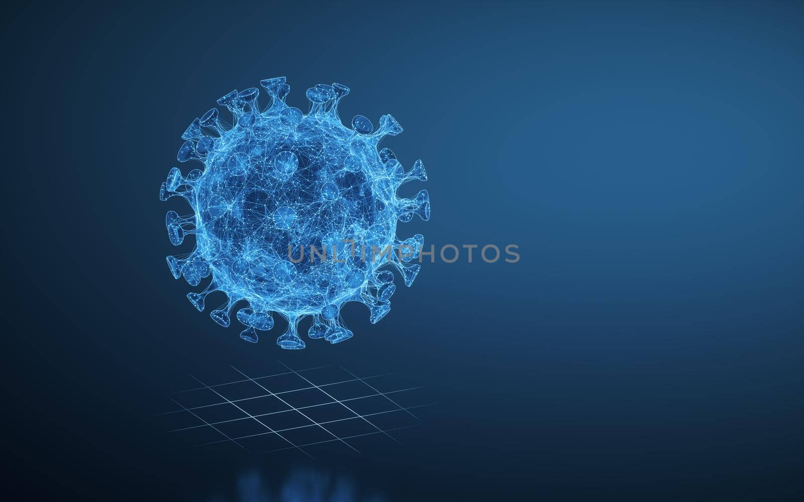 Coronavirus with blue background, 3d rendering. Computer digital drawing.