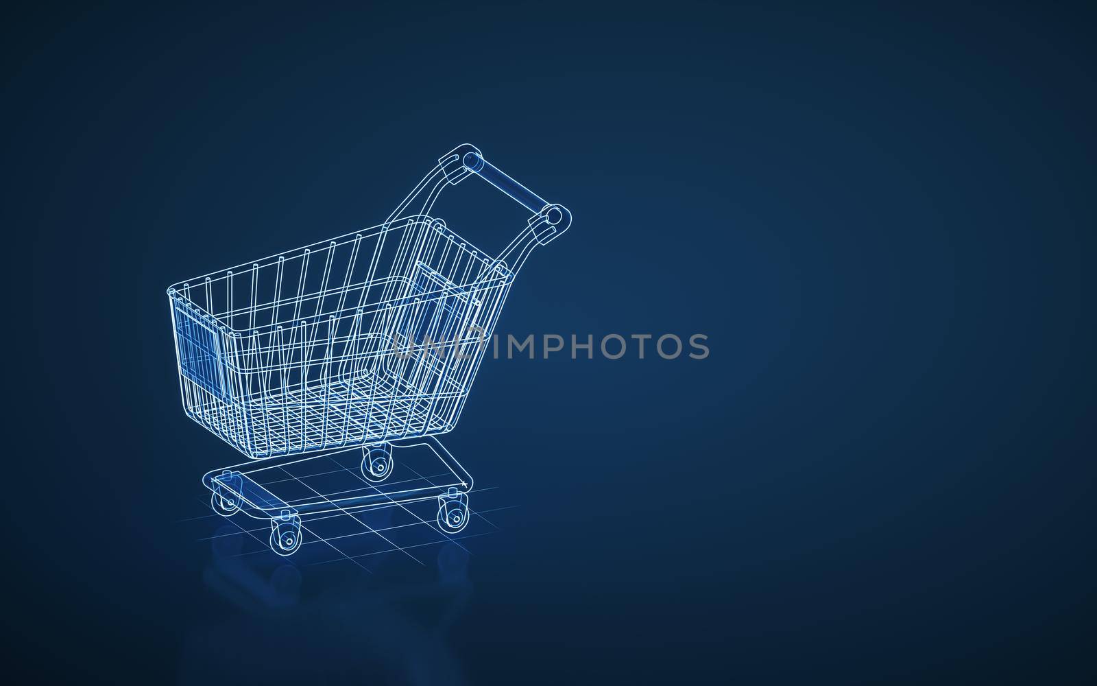 Empty shopping cart with blue background, 3d rendering. Computer digtal drawing.