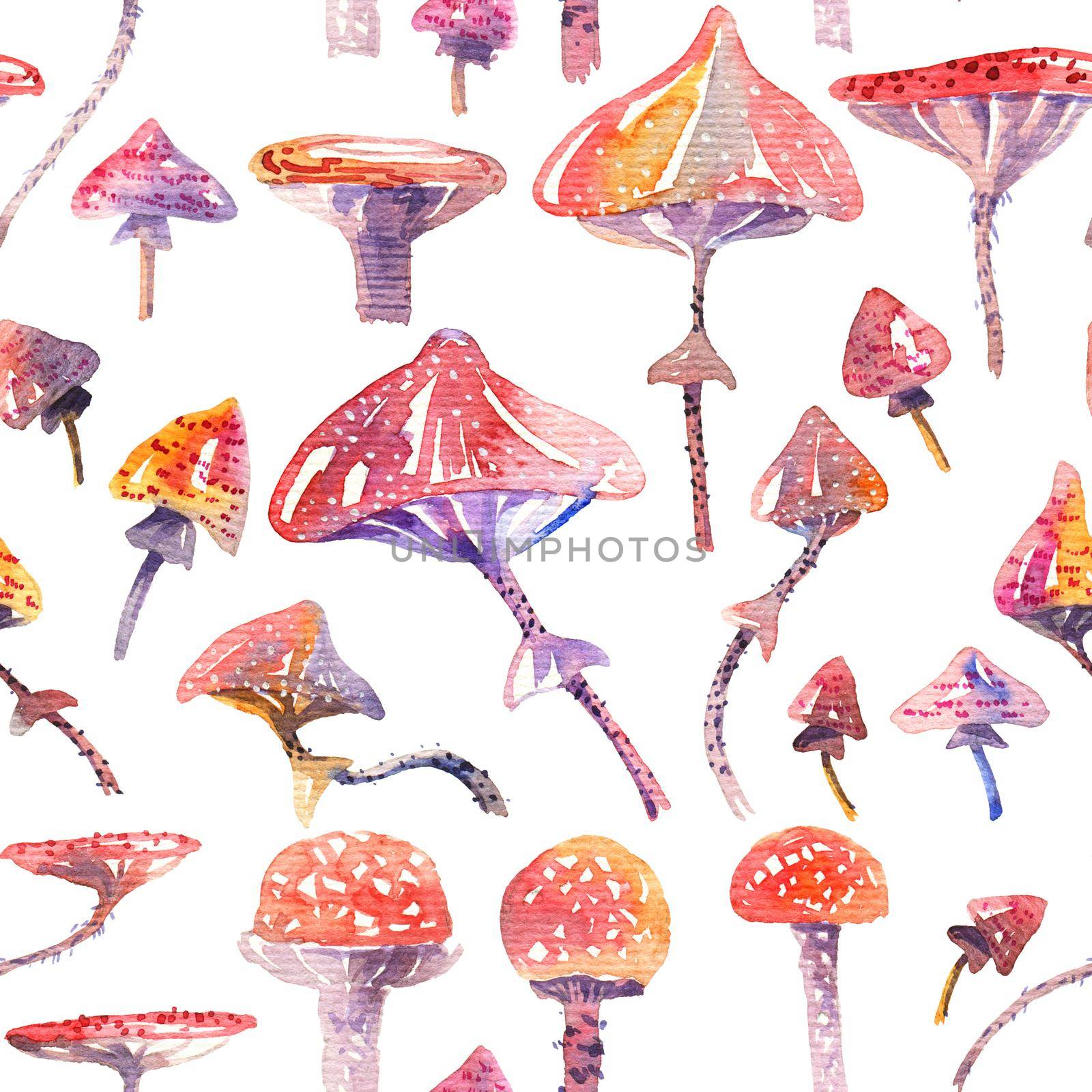 Seamless pattern with hand-drawn watercolor mushrooms, painting on white background
