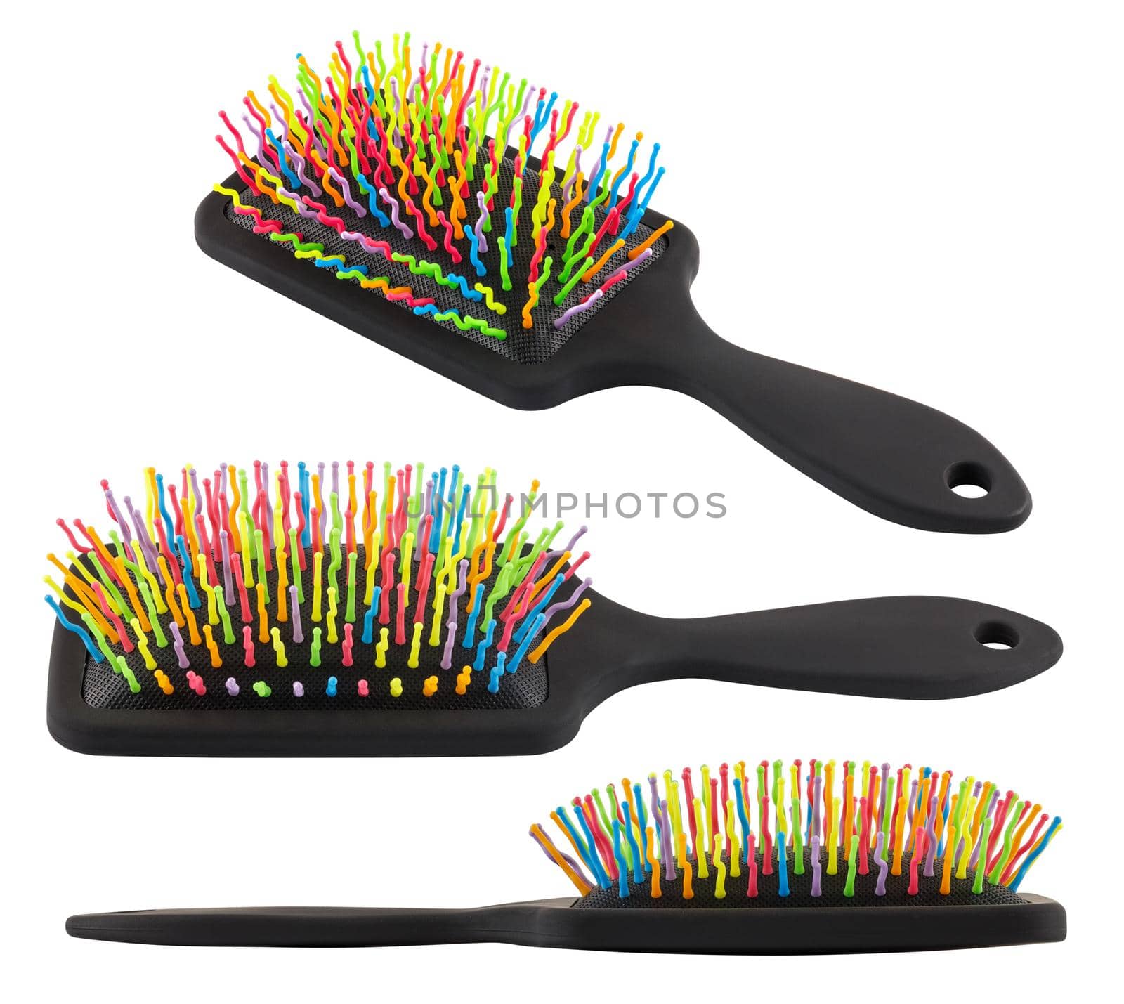 set of different views on new rainbow colorful pastic hair brush isolated on white background.