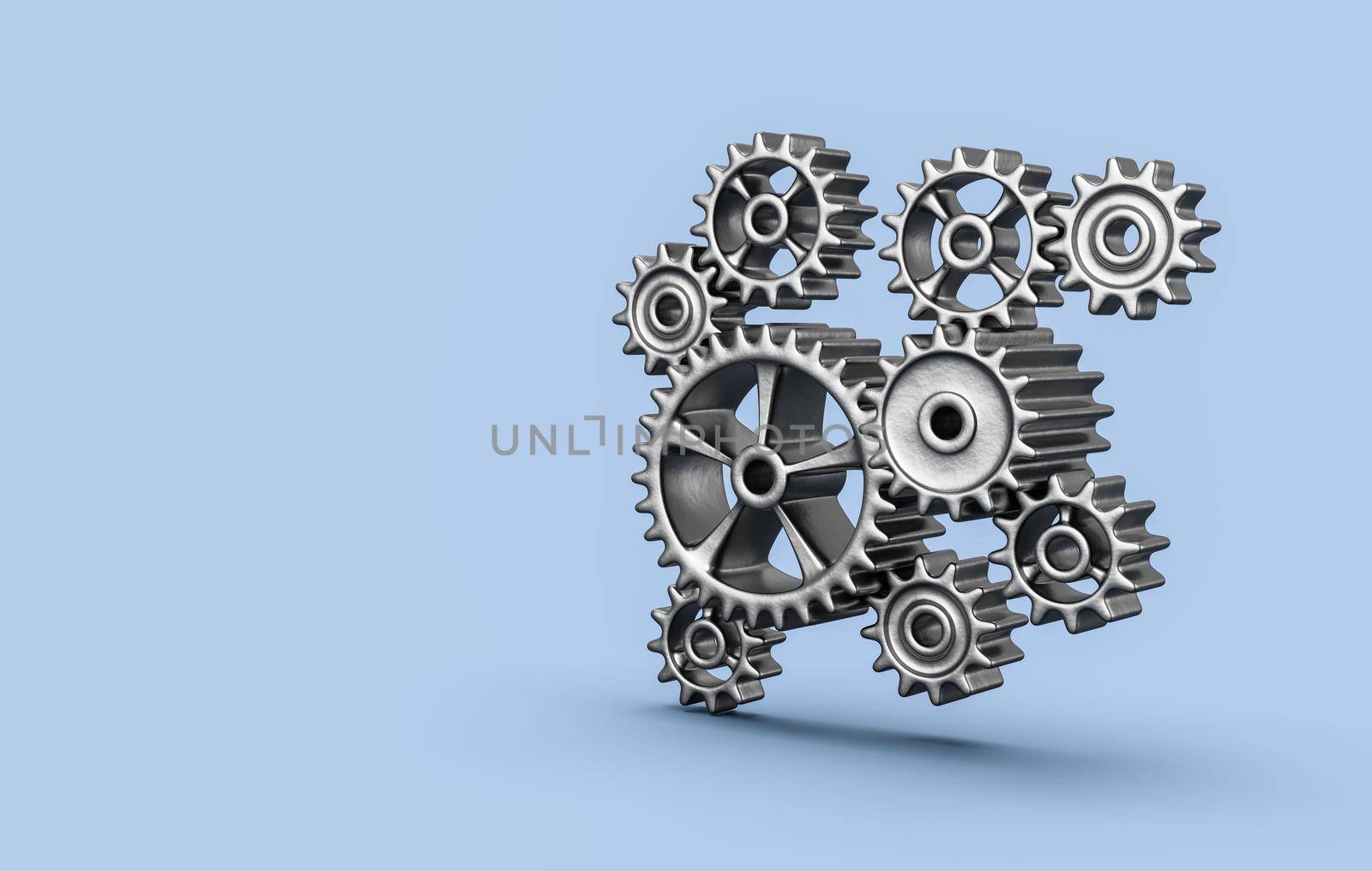 Metallic Gears Engaged on Blue Background with Copy Space 3D Illustration