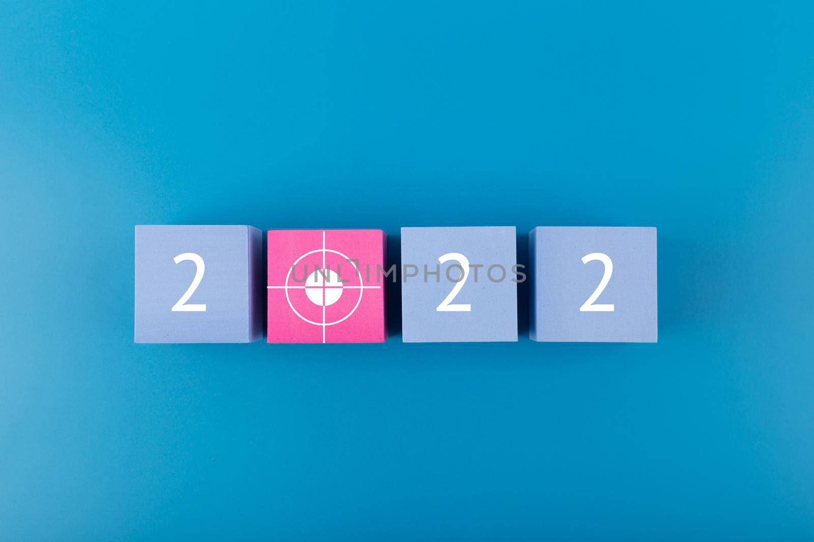 2022 numbers blue minimal business or setting goal concept. Numbers and target on dark blue background.  by Senorina_Irina